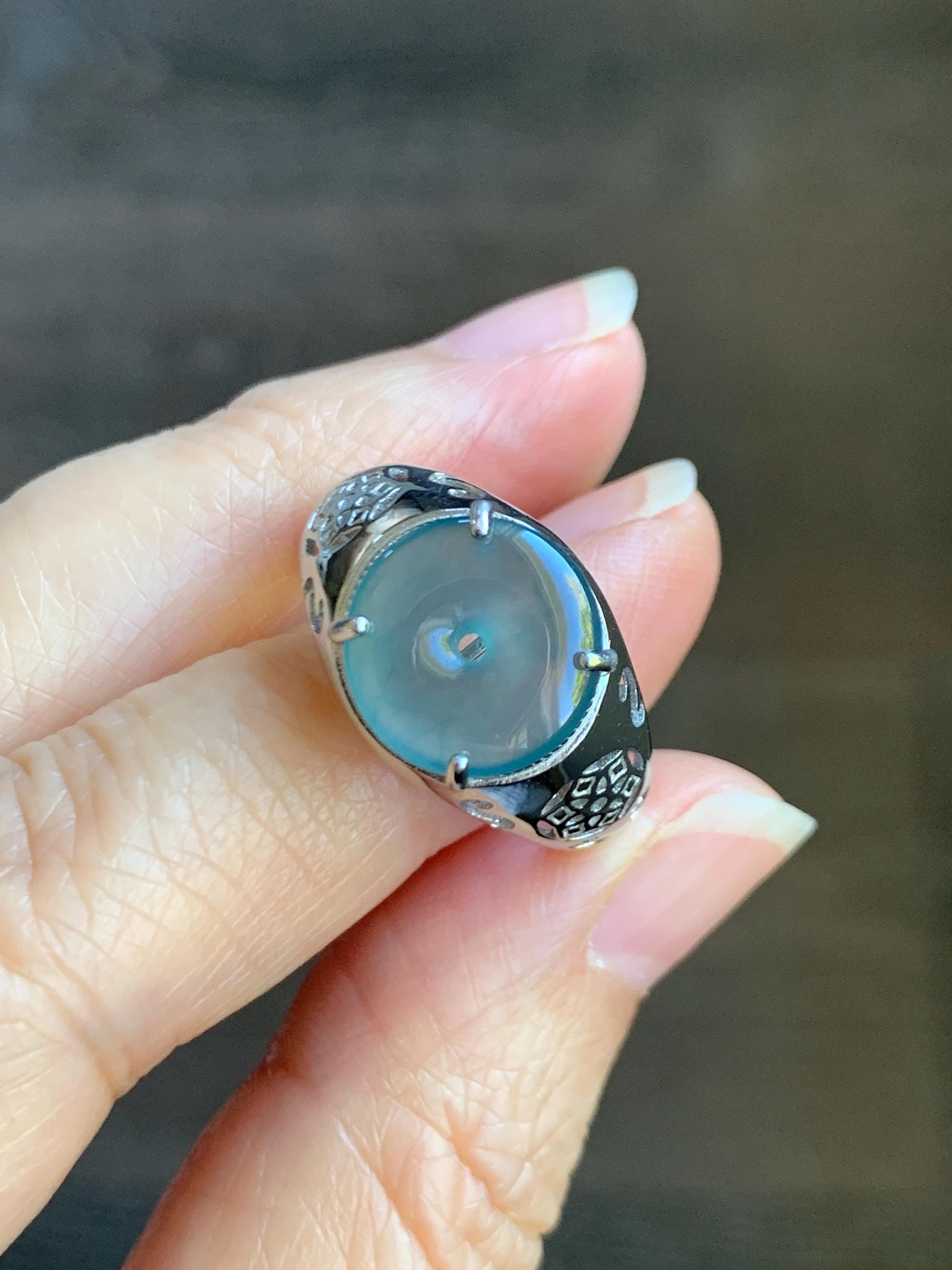Natural Type A Guatemalan Icy Translucent Teal Blue Jade Jadeite Donut Ping An Kou Ring Sterling Silver Size Adjustable 天然冰危蓝翡翠平安扣戒指MAPK270C