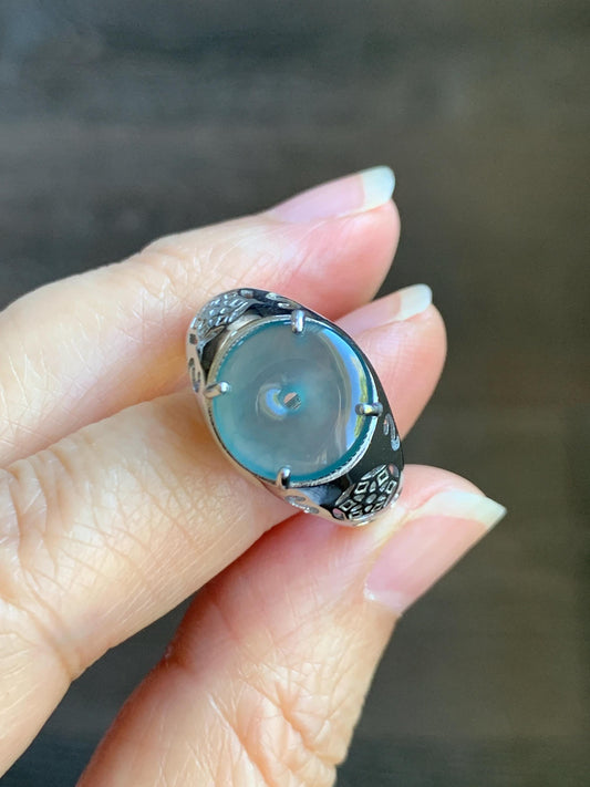 Natural Type A Guatemalan Icy Translucent Teal Blue Jade Jadeite Donut Ping An Kou Ring Sterling Silver Size Adjustable 天然冰危蓝翡翠平安扣戒指MAPK270C