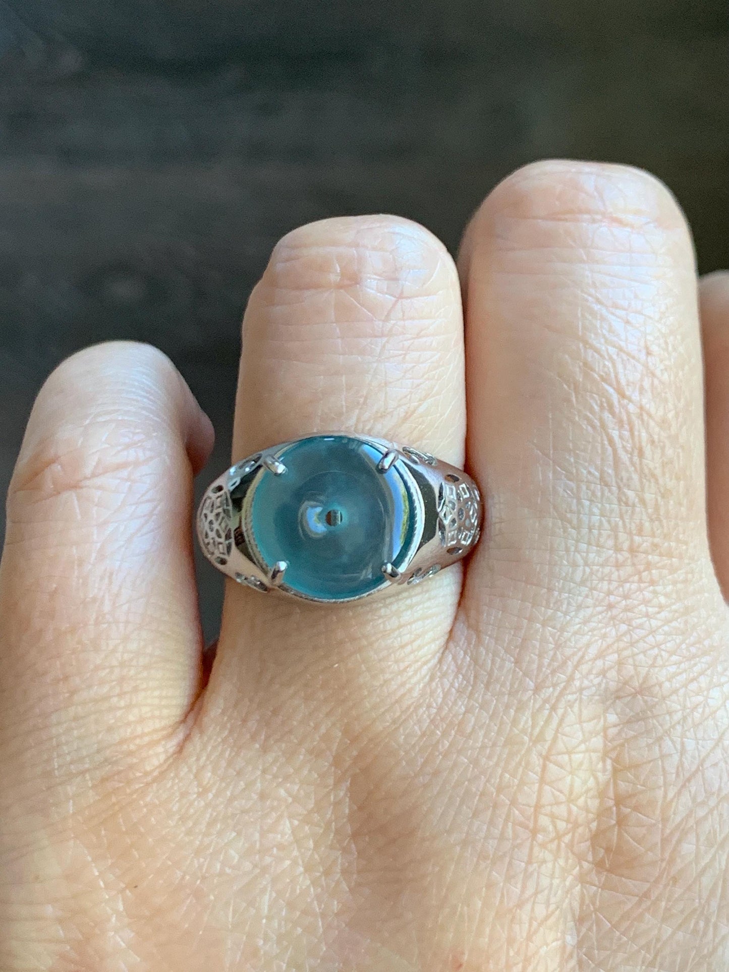 Natural Type A Guatemalan Icy Translucent Teal Blue Jade Jadeite Donut Ping An Kou Ring Sterling Silver Size Adjustable 天然冰危蓝翡翠平安扣戒指MAPK270C