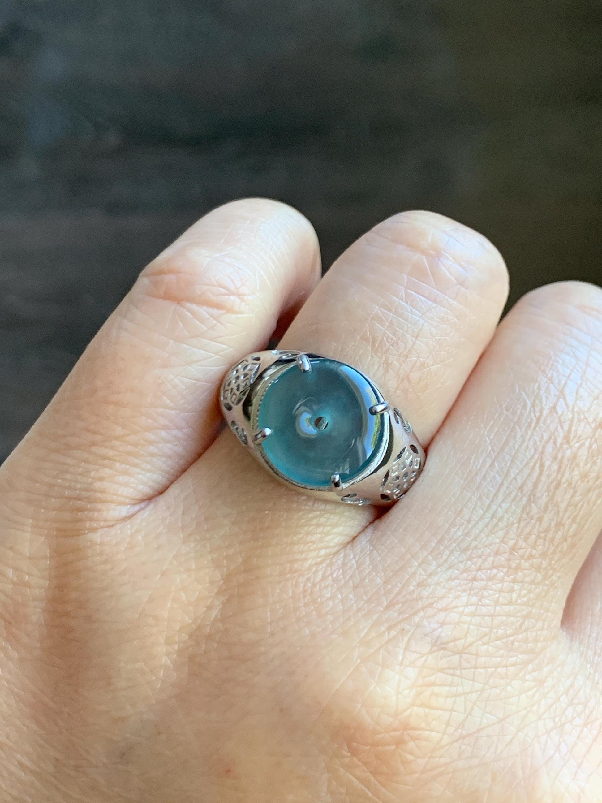 Natural Type A Guatemalan Icy Translucent Teal Blue Jade Jadeite Donut Ping An Kou Ring Sterling Silver Size Adjustable 天然冰危蓝翡翠平安扣戒指MAPK270C
