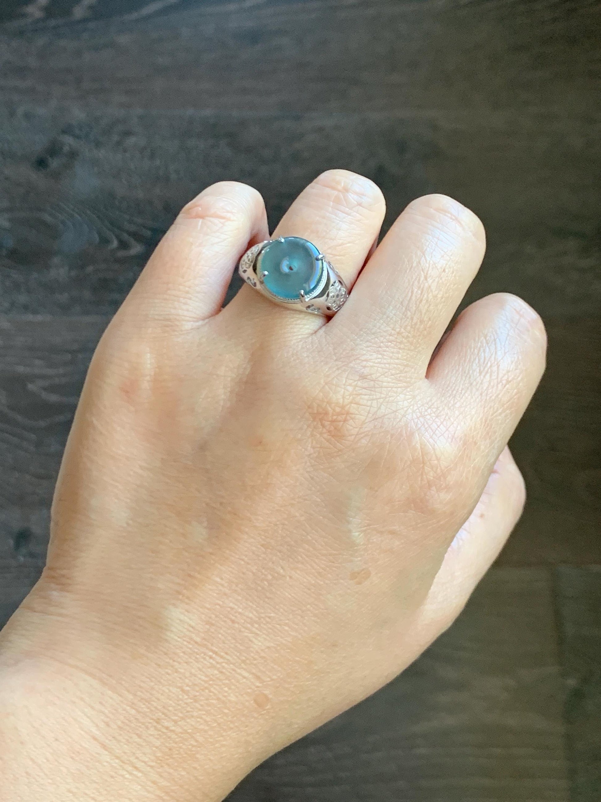 Natural Type A Guatemalan Icy Translucent Teal Blue Jade Jadeite Donut Ping An Kou Ring Sterling Silver Size Adjustable 天然冰危蓝翡翠平安扣戒指MAPK270C