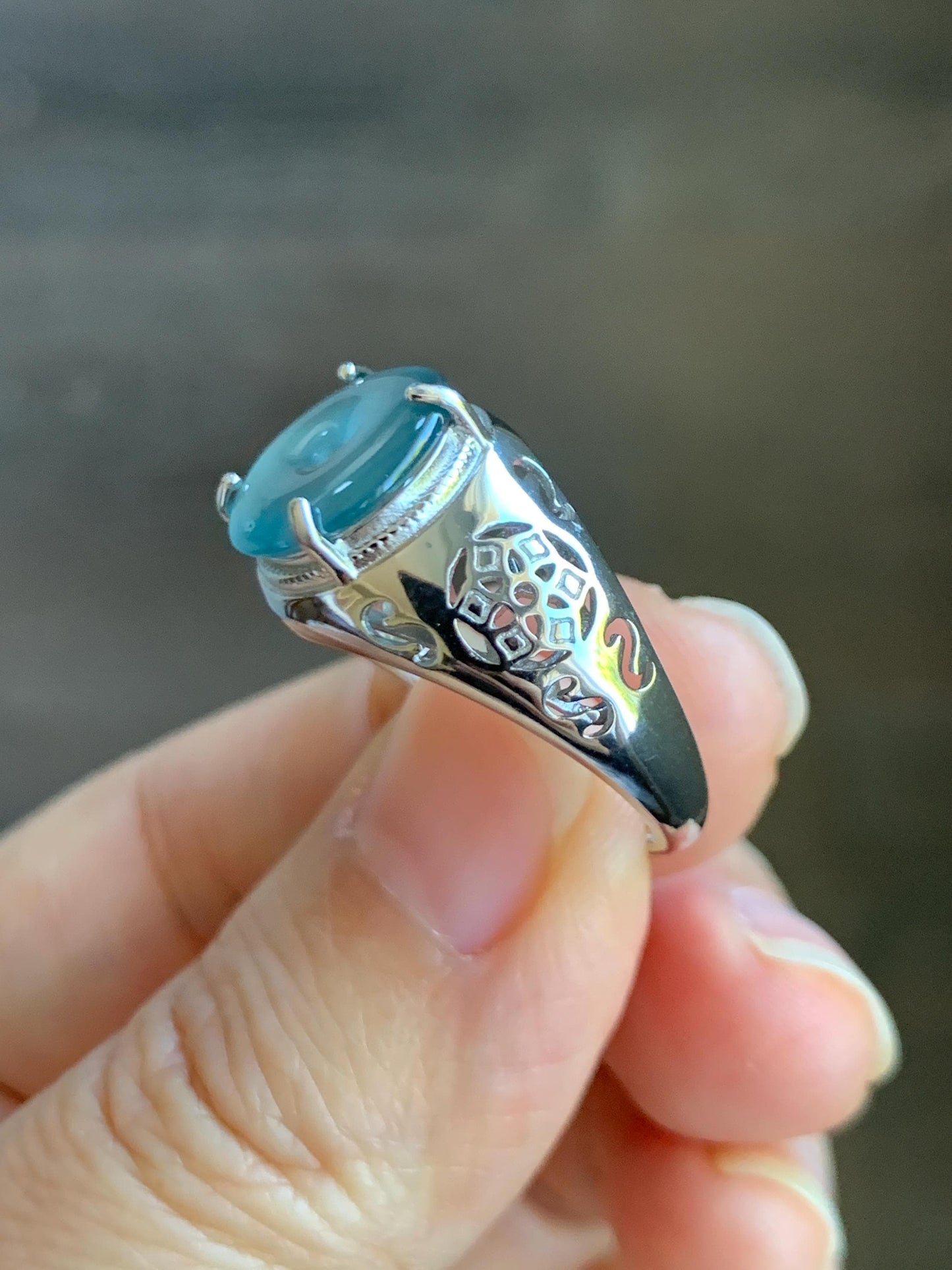 Natural Type A Guatemalan Icy Translucent Teal Blue Jade Jadeite Donut Ping An Kou Ring Sterling Silver Size Adjustable 天然冰危蓝翡翠平安扣戒指MAPK270C