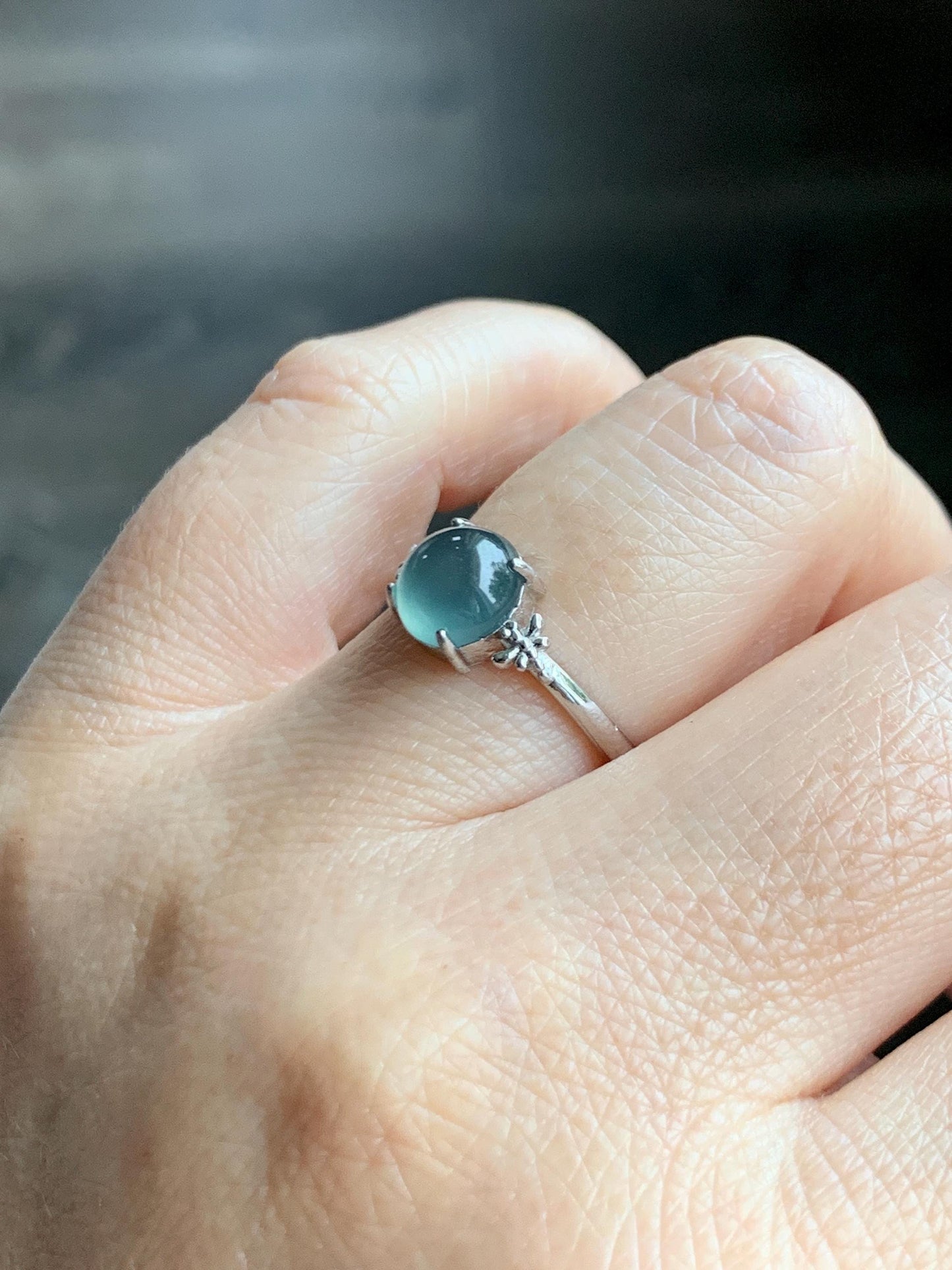 Natural Grade A Guatemalan Icy Highly Translucent Teal Jade Jadeite Solitaire Ring Sterling Silver Size Adjustable 天然冰危蓝绿翡翠银镶戒指 WLL68