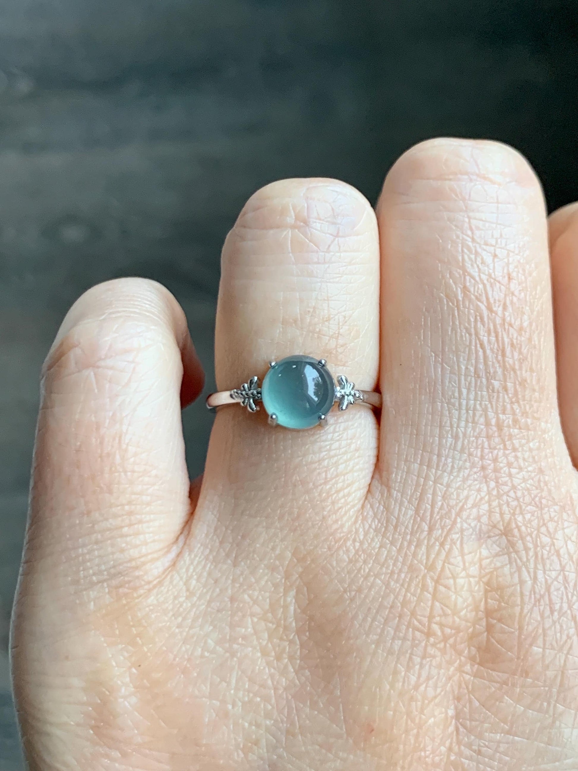 Natural Grade A Guatemalan Icy Highly Translucent Teal Jade Jadeite Solitaire Ring Sterling Silver Size Adjustable 天然冰危蓝绿翡翠银镶戒指 WLL68