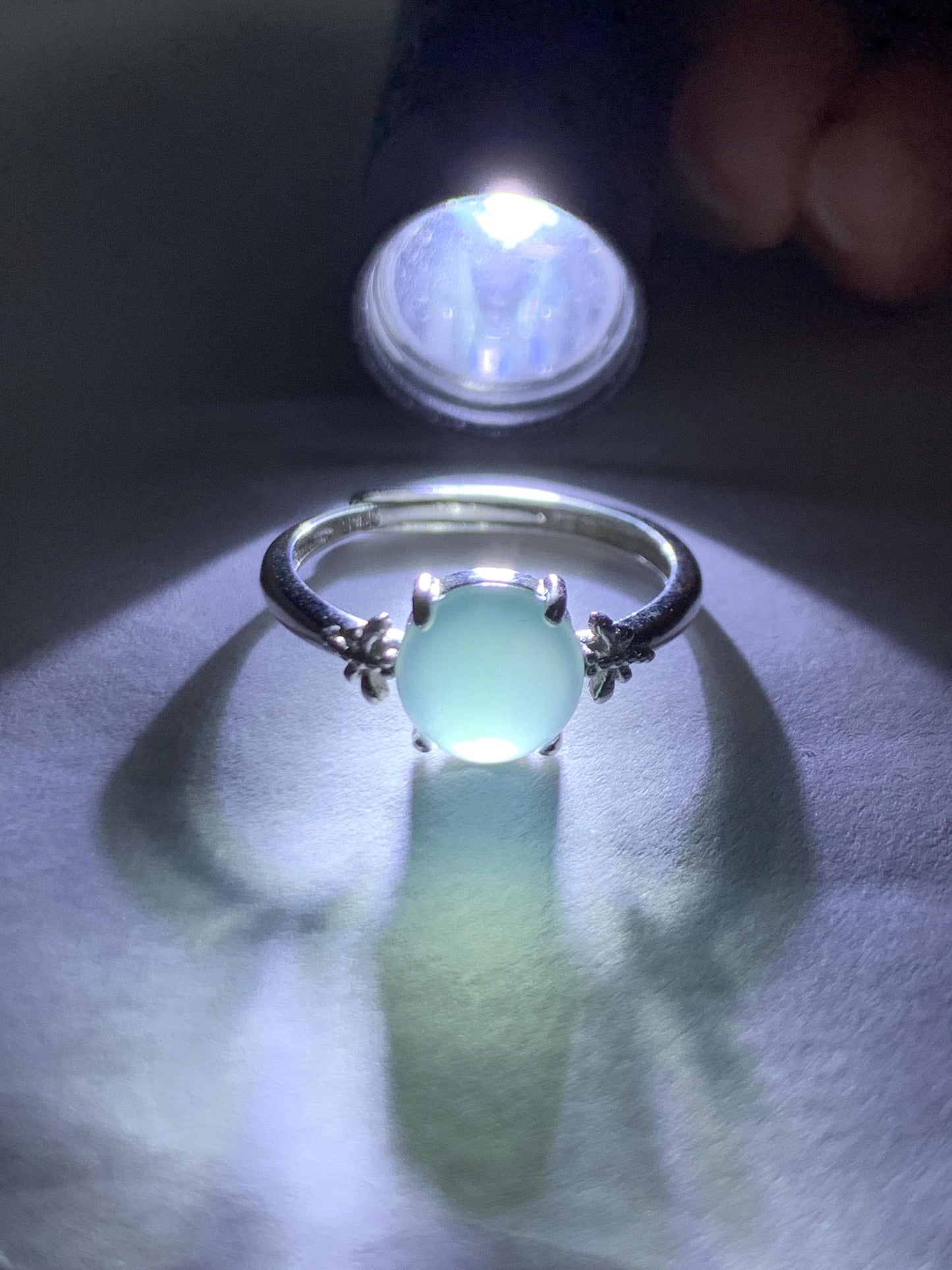 Natural Grade A Guatemalan Icy Highly Translucent Teal Jade Jadeite Solitaire Ring Sterling Silver Size Adjustable 天然冰危蓝绿翡翠银镶戒指 WLL68