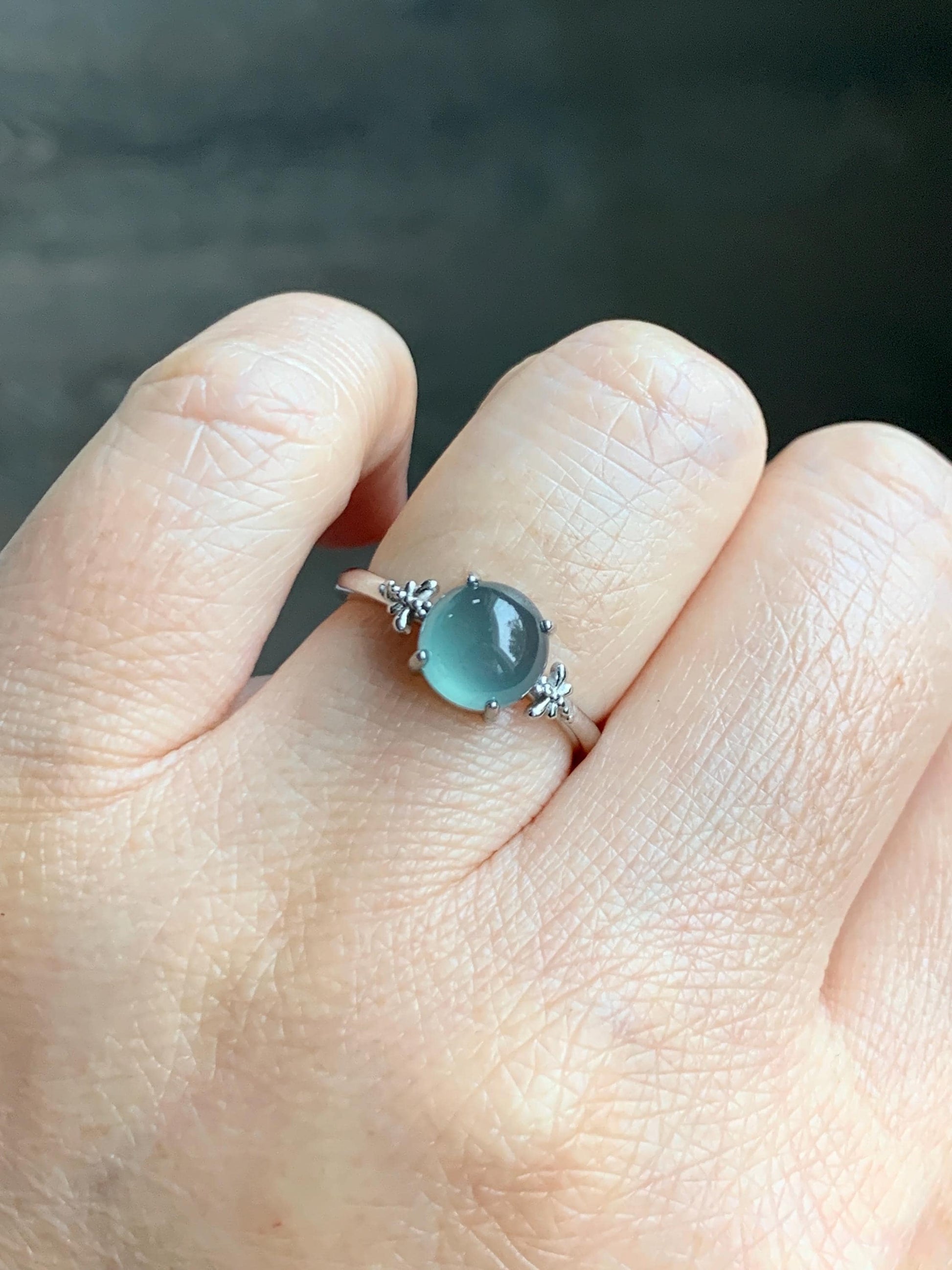 Natural Grade A Guatemalan Icy Highly Translucent Teal Jade Jadeite Solitaire Ring Sterling Silver Size Adjustable 天然冰危蓝绿翡翠银镶戒指 WLL68