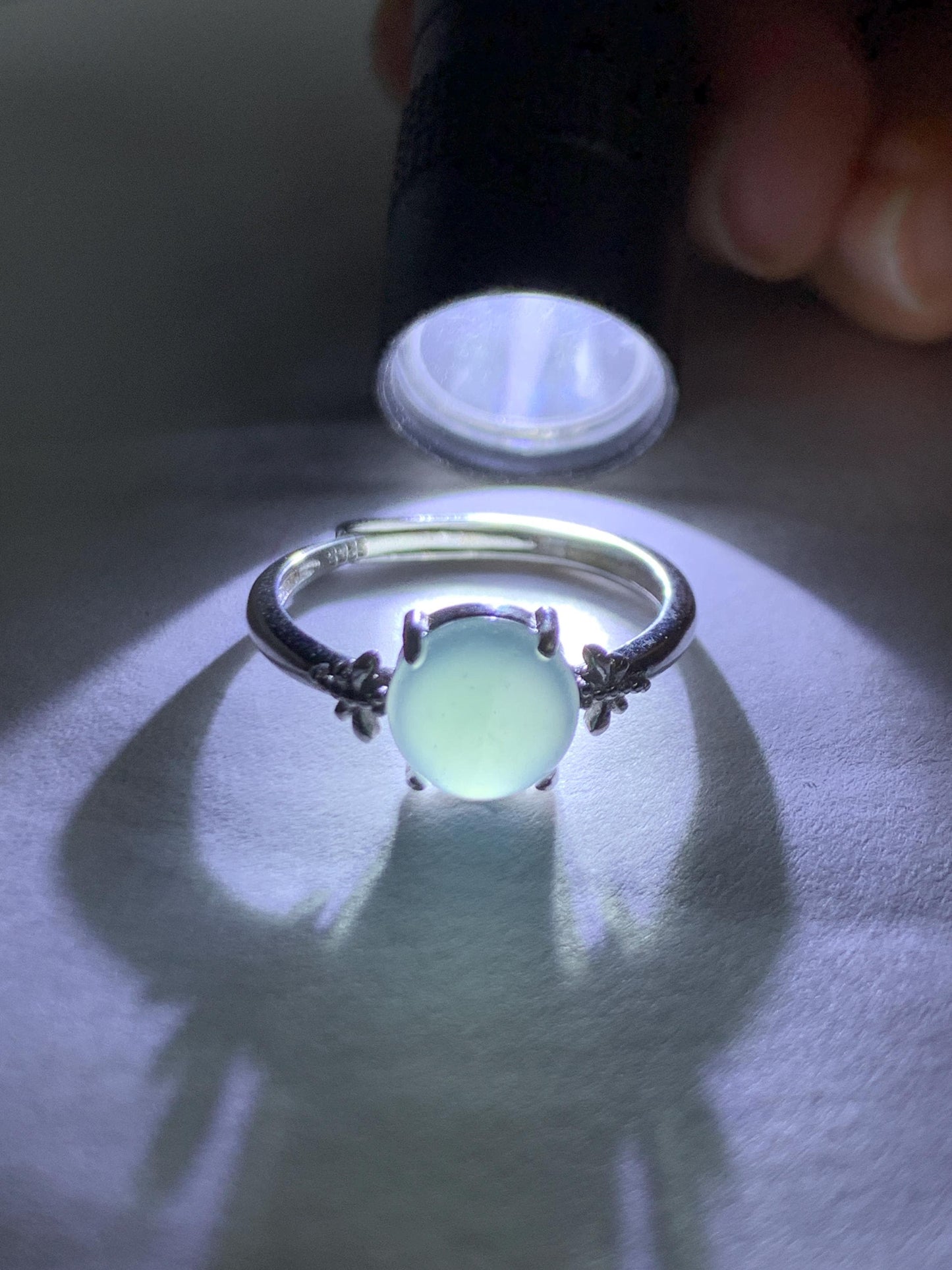 Natural Grade A Guatemalan Icy Highly Translucent Teal Jade Jadeite Solitaire Ring Sterling Silver Size Adjustable 天然冰危蓝绿翡翠银镶戒指 WLL68