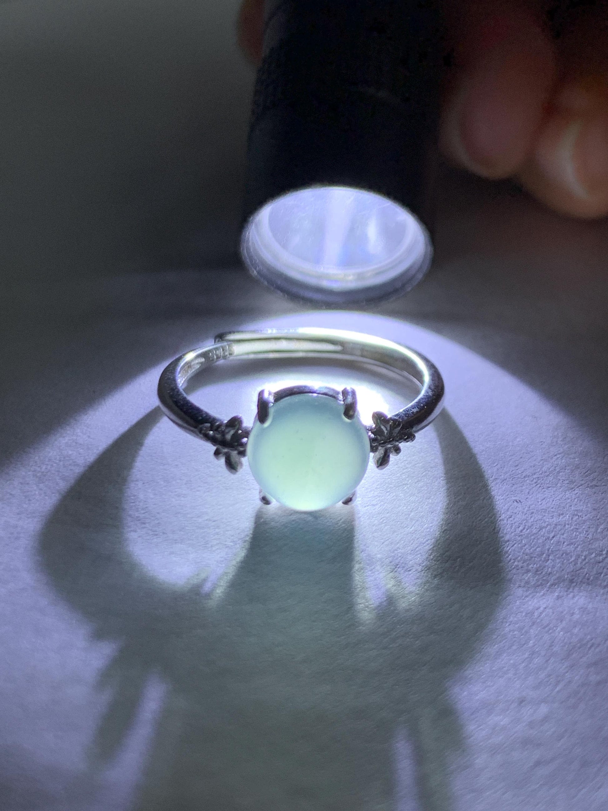 Natural Grade A Guatemalan Icy Highly Translucent Teal Jade Jadeite Solitaire Ring Sterling Silver Size Adjustable 天然冰危蓝绿翡翠银镶戒指 WLL68