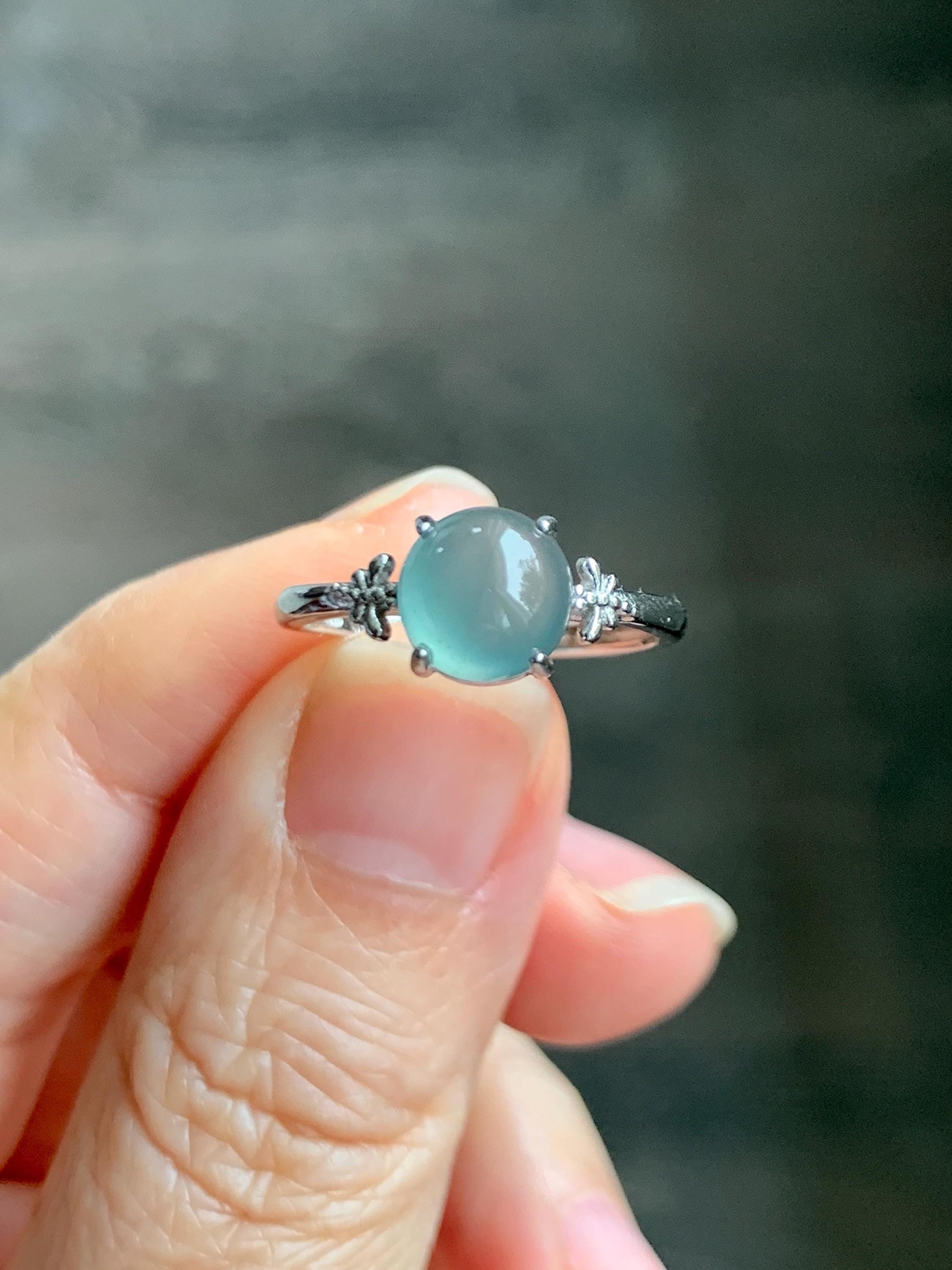 Natural Grade A Guatemalan Icy Highly Translucent Teal Jade Jadeite Solitaire Ring Sterling Silver Size Adjustable 天然冰危蓝绿翡翠银镶戒指 WLL68