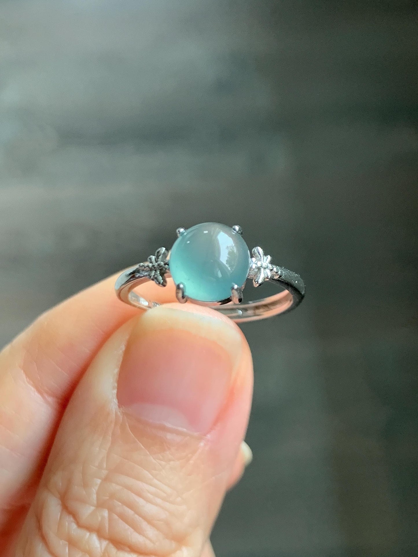 Natural Grade A Guatemalan Icy Highly Translucent Teal Jade Jadeite Solitaire Ring Sterling Silver Size Adjustable 天然冰危蓝绿翡翠银镶戒指 WLL68