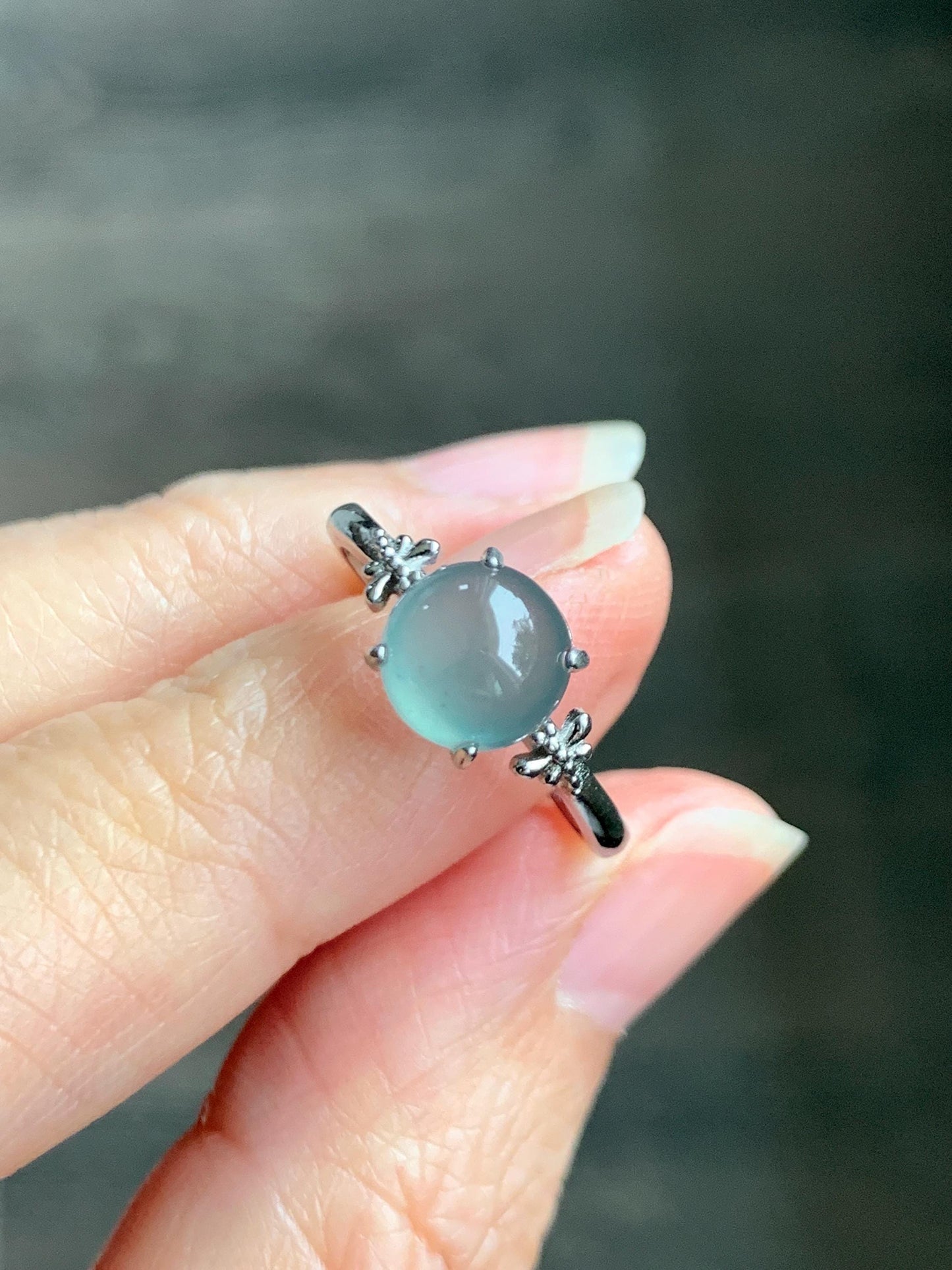 Natural Grade A Guatemalan Icy Highly Translucent Teal Jade Jadeite Solitaire Ring Sterling Silver Size Adjustable 天然冰危蓝绿翡翠银镶戒指 WLL68