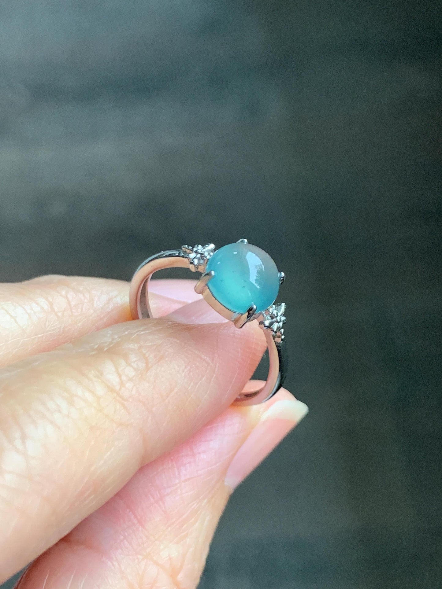 Natural Grade A Guatemalan Icy Highly Translucent Teal Jade Jadeite Solitaire Ring Sterling Silver Size Adjustable 天然冰危蓝绿翡翠银镶戒指 WLL68