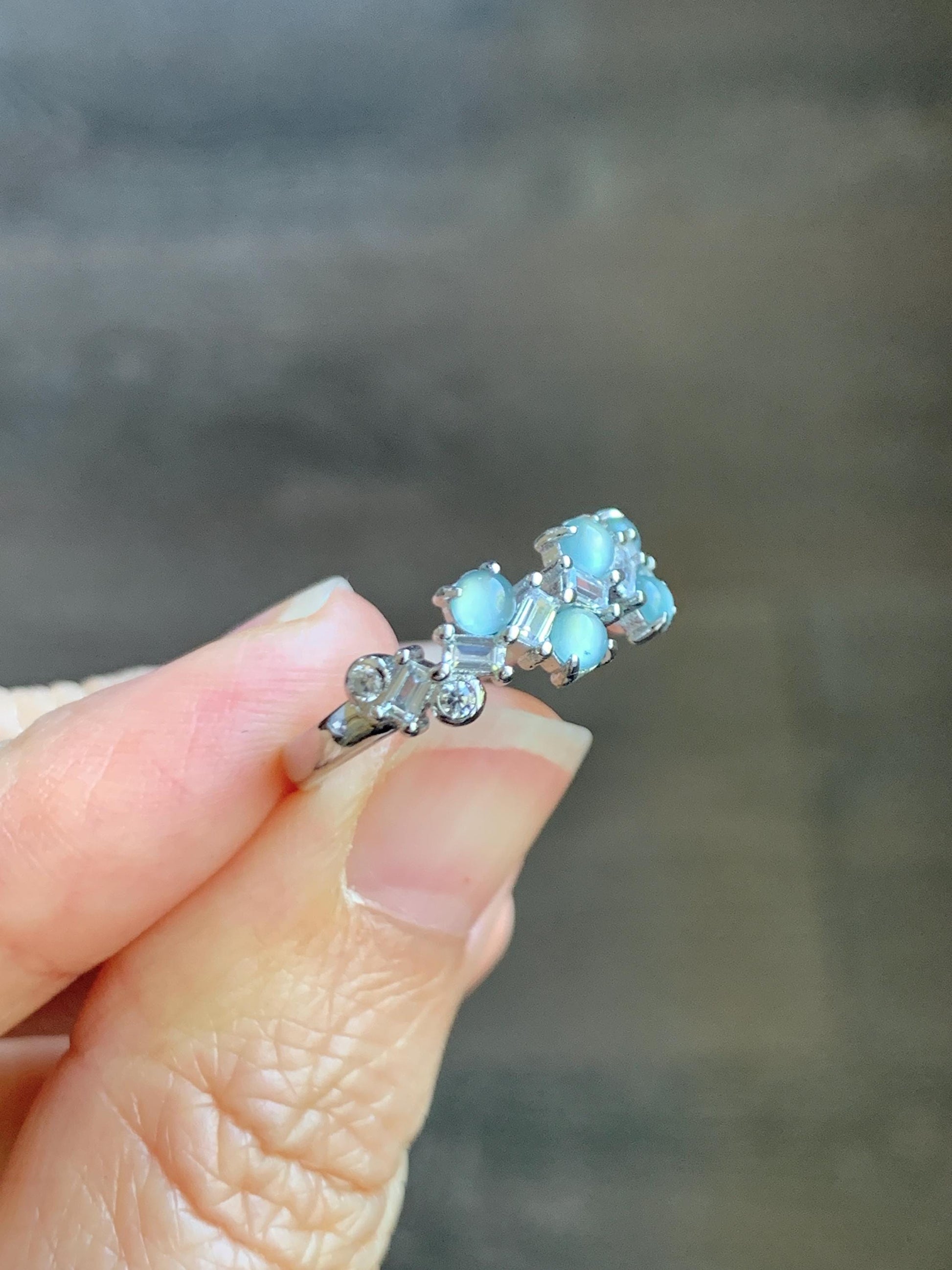 Natural Grade A Guatemalan Icy Translucent Pastel Blue Jade Jadeite 5-Stone Band Ring Sterling Silver Size Adjustable 天然冰危淡蓝翡翠银镶戒指 WBP77