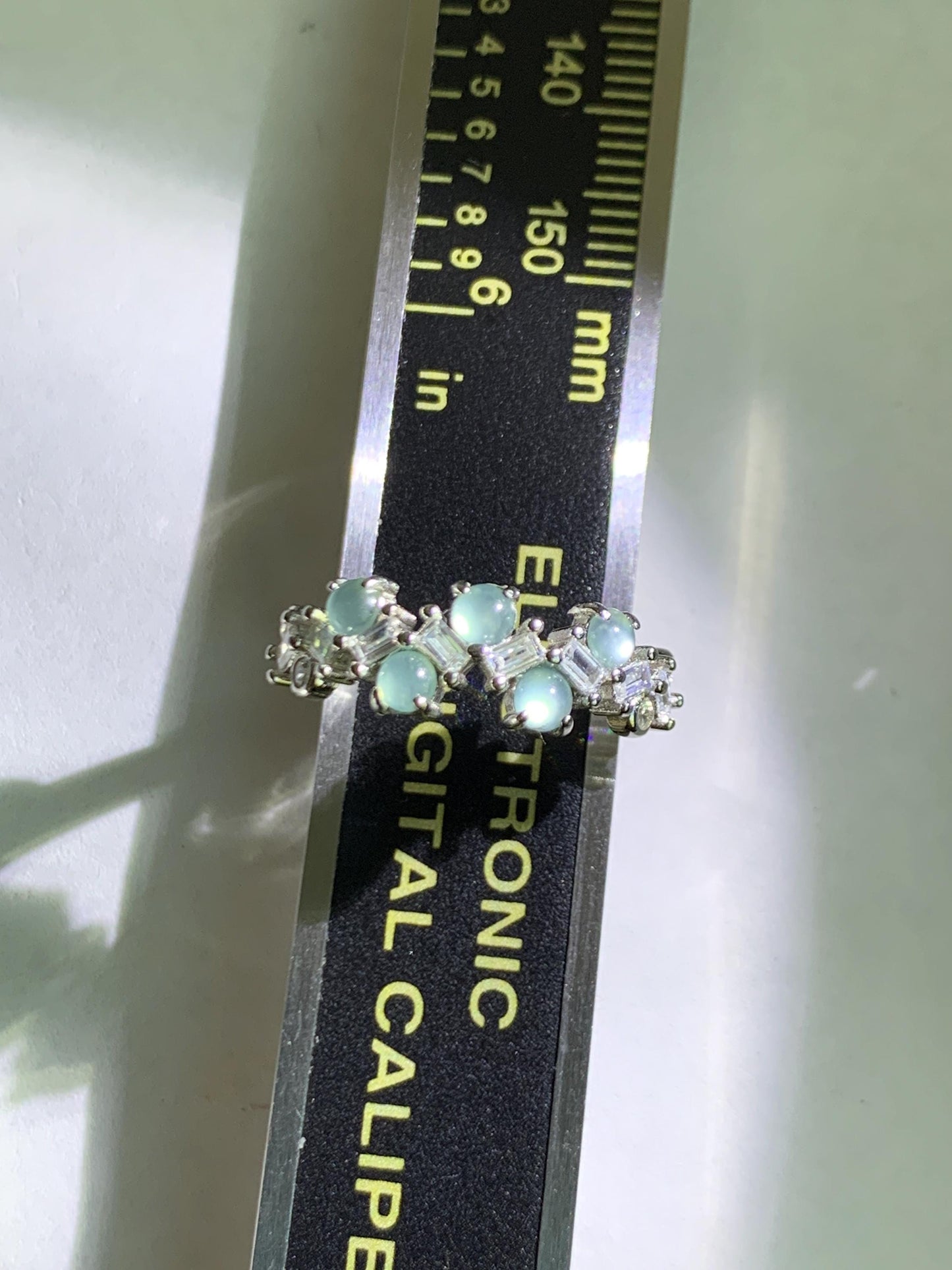 Natural Grade A Guatemalan Icy Translucent Pastel Blue Jade Jadeite 5-Stone Band Ring Sterling Silver Size Adjustable 天然冰危淡蓝翡翠银镶戒指 WBP77