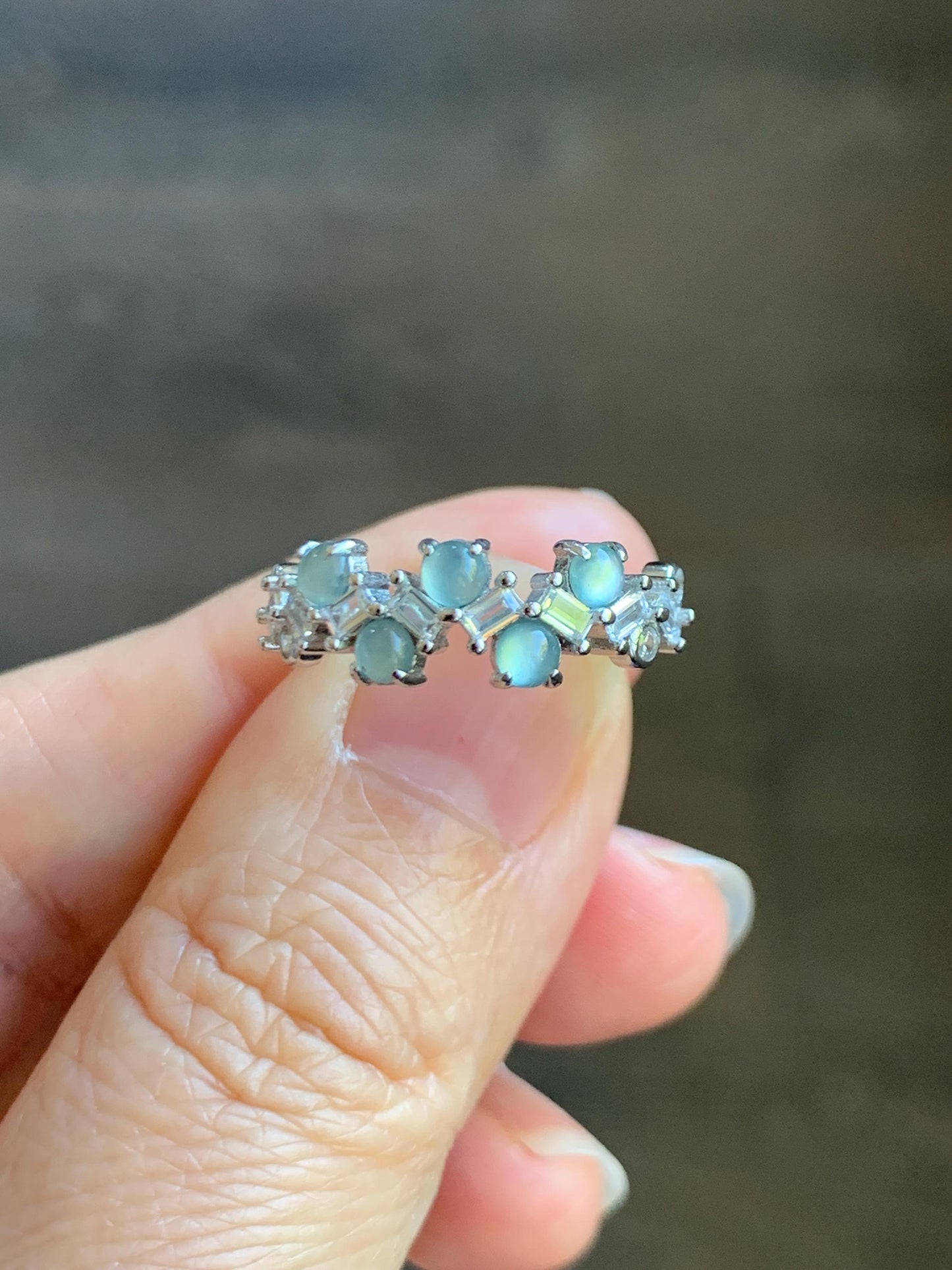 Natural Grade A Guatemalan Icy Translucent Pastel Blue Jade Jadeite 5-Stone Band Ring Sterling Silver Size Adjustable 天然冰危淡蓝翡翠银镶戒指 WBP77