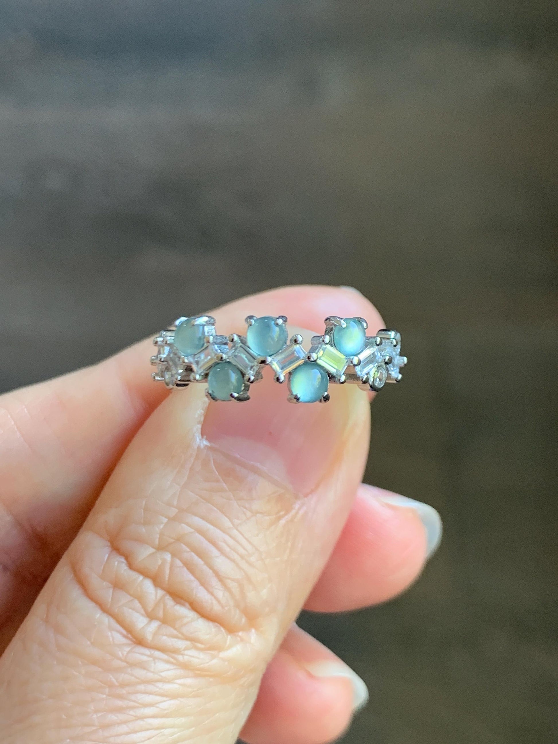 Natural Grade A Guatemalan Icy Translucent Pastel Blue Jade Jadeite 5-Stone Band Ring Sterling Silver Size Adjustable 天然冰危淡蓝翡翠银镶戒指 WBP77