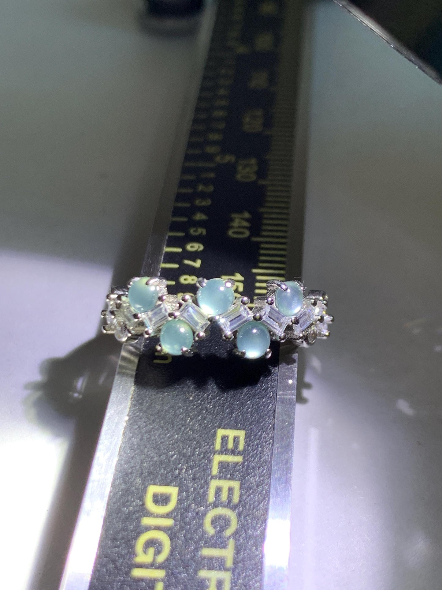 Natural Grade A Guatemalan Icy Translucent Pastel Blue Jade Jadeite 5-Stone Band Ring Sterling Silver Size Adjustable 天然冰危淡蓝翡翠银镶戒指 WBP77