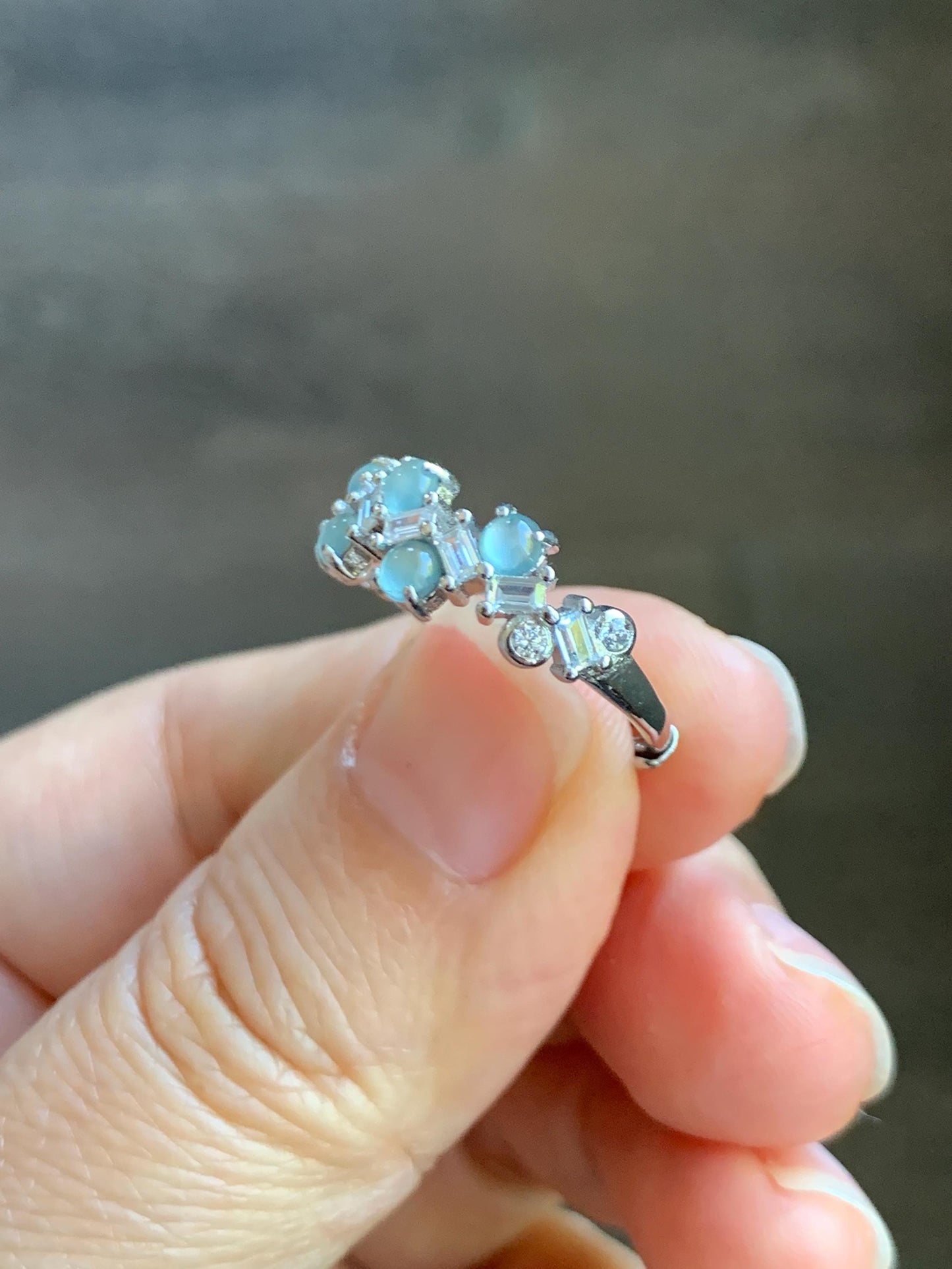 Natural Grade A Guatemalan Icy Translucent Pastel Blue Jade Jadeite 5-Stone Band Ring Sterling Silver Size Adjustable 天然冰危淡蓝翡翠银镶戒指 WBP77