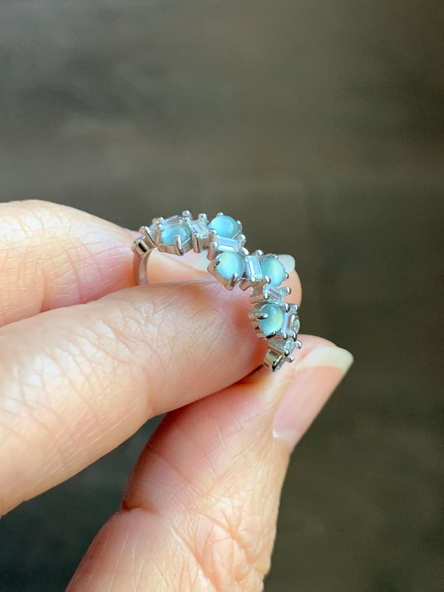 Natural Grade A Guatemalan Icy Translucent Pastel Blue Jade Jadeite 5-Stone Band Ring Sterling Silver Size Adjustable 天然冰危淡蓝翡翠银镶戒指 WBP77