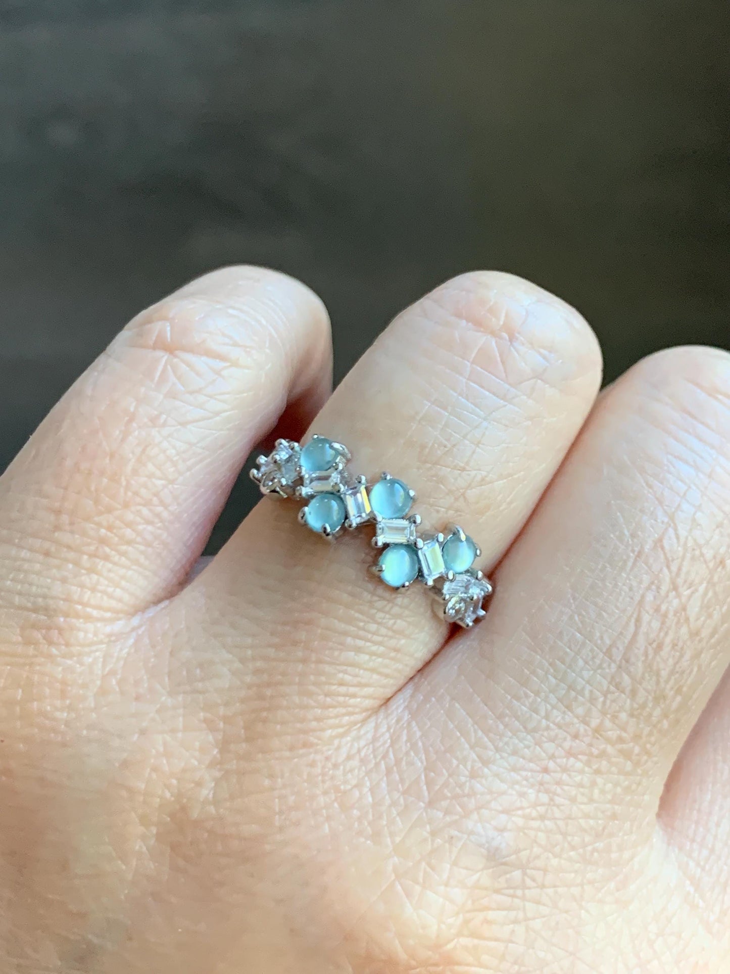 Natural Grade A Guatemalan Icy Translucent Pastel Blue Jade Jadeite 5-Stone Band Ring Sterling Silver Size Adjustable 天然冰危淡蓝翡翠银镶戒指 WBP77