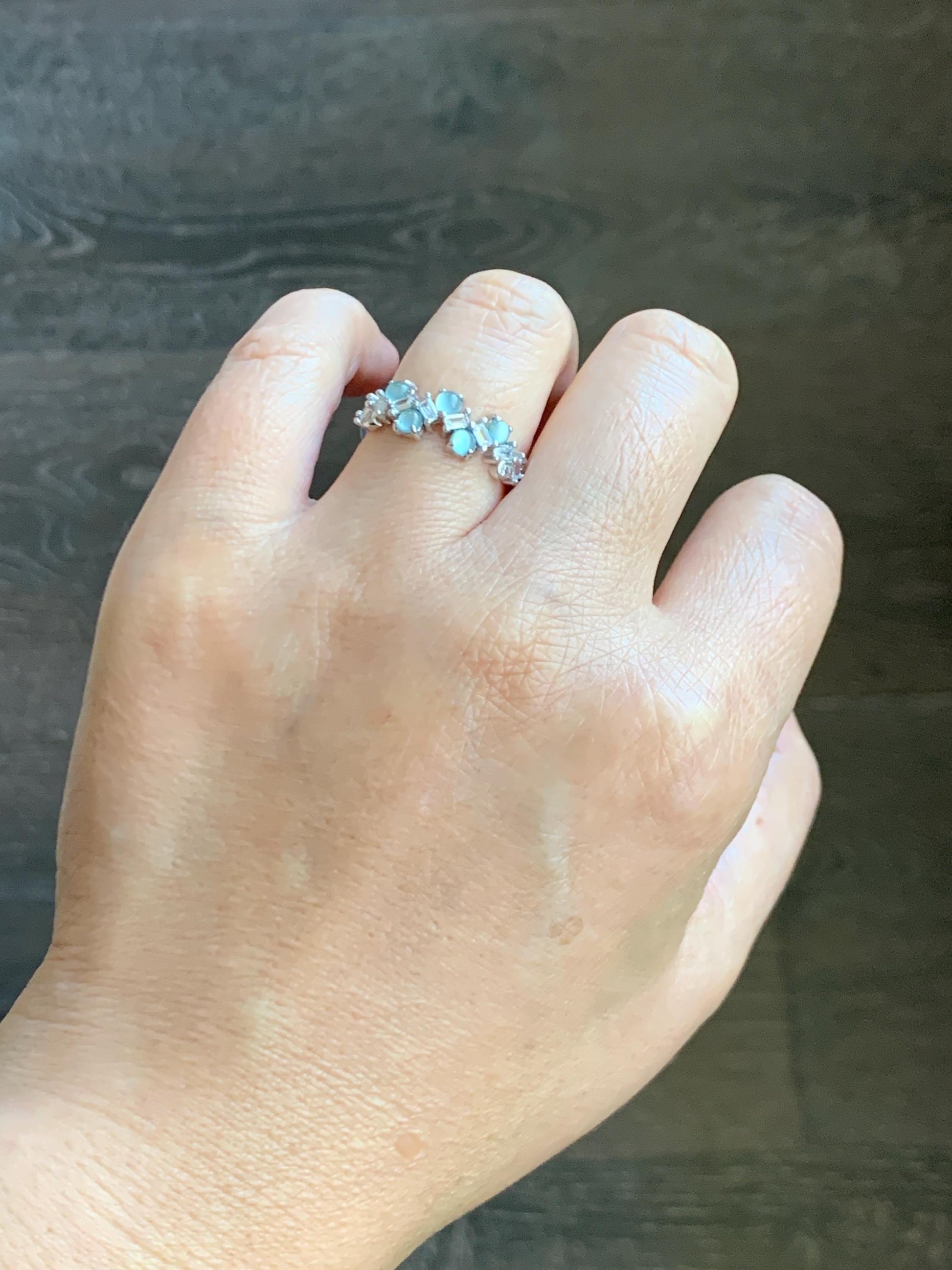 Natural Grade A Guatemalan Icy Translucent Pastel Blue Jade Jadeite 5-Stone Band Ring Sterling Silver Size Adjustable 天然冰危淡蓝翡翠银镶戒指 WBP77