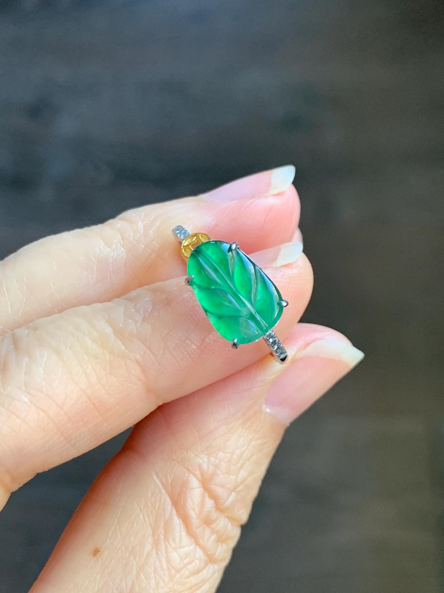 Natural Grade A Guatemalan Icy Highly Translucent Green Jade Jadeite Leaf Ring Sterling Silver Size Adjustable 天然冰危绿翡翠大叶有成银镶戒指 LDY85