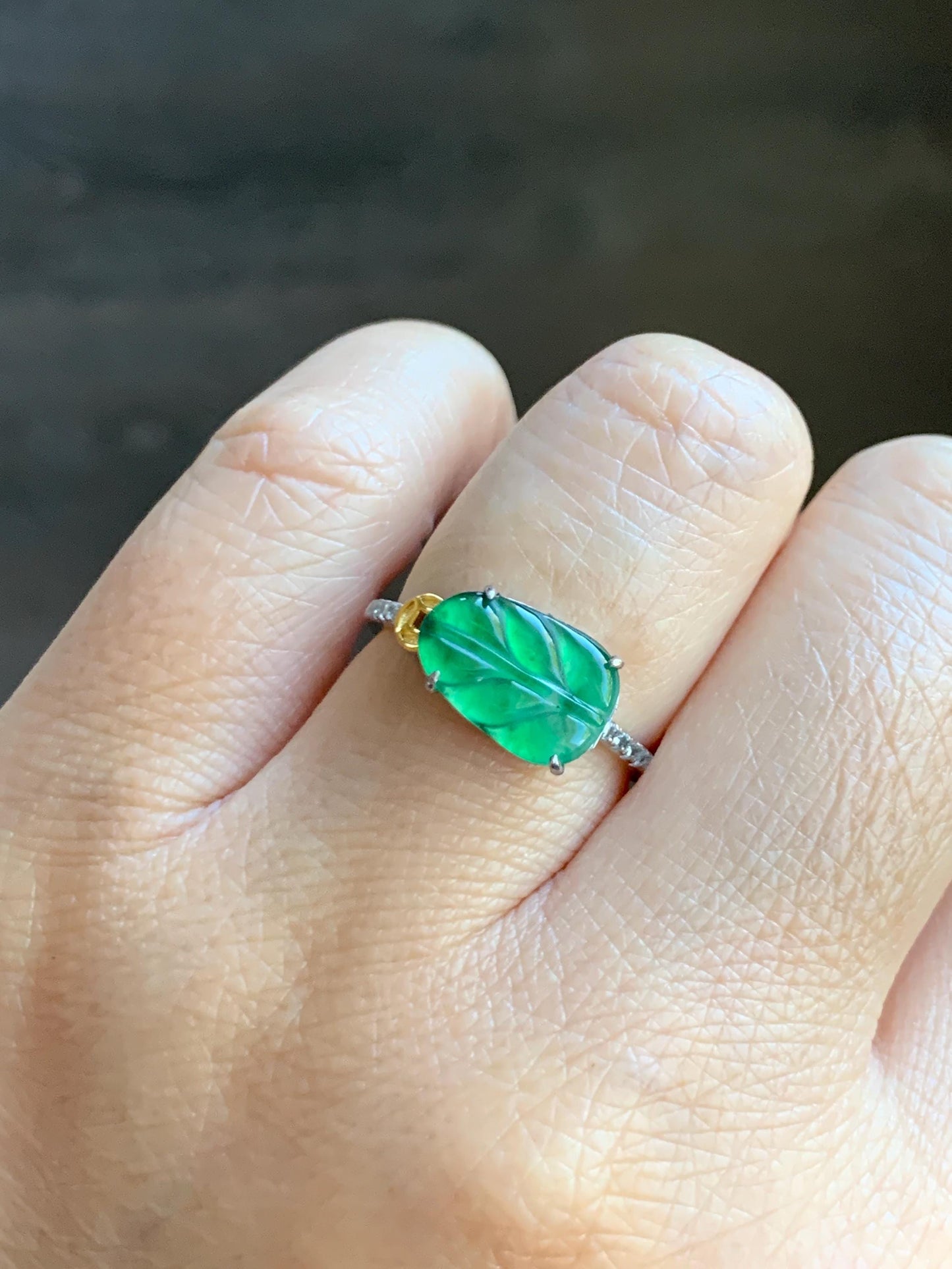 Natural Grade A Guatemalan Icy Highly Translucent Green Jade Jadeite Leaf Ring Sterling Silver Size Adjustable 天然冰危绿翡翠大叶有成银镶戒指 LDY85