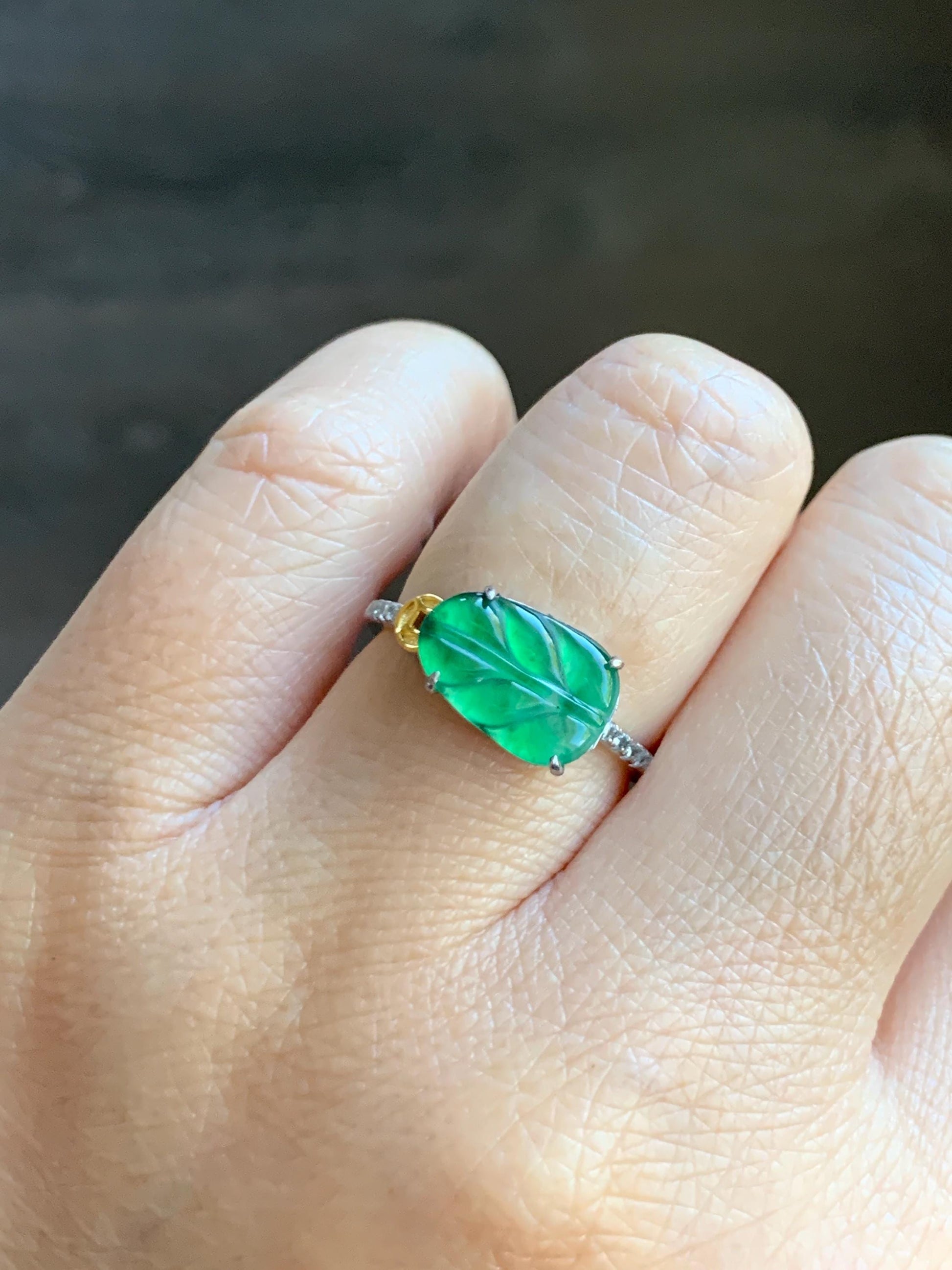 Natural Grade A Guatemalan Icy Highly Translucent Green Jade Jadeite Leaf Ring Sterling Silver Size Adjustable 天然冰危绿翡翠大叶有成银镶戒指 LDY85