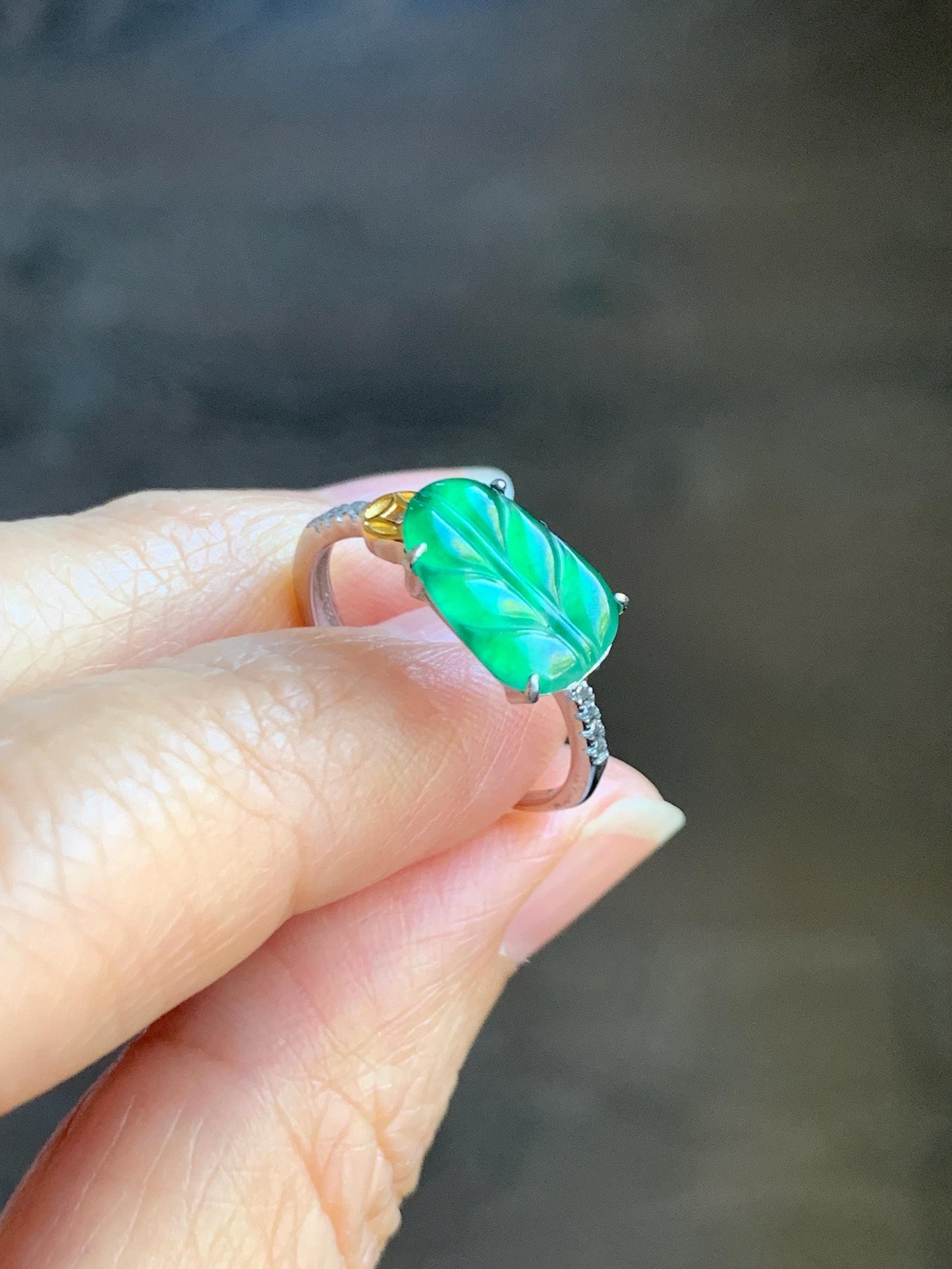 Natural Grade A Guatemalan Icy Highly Translucent Green Jade Jadeite Leaf Ring Sterling Silver Size Adjustable 天然冰危绿翡翠大叶有成银镶戒指 LDY85
