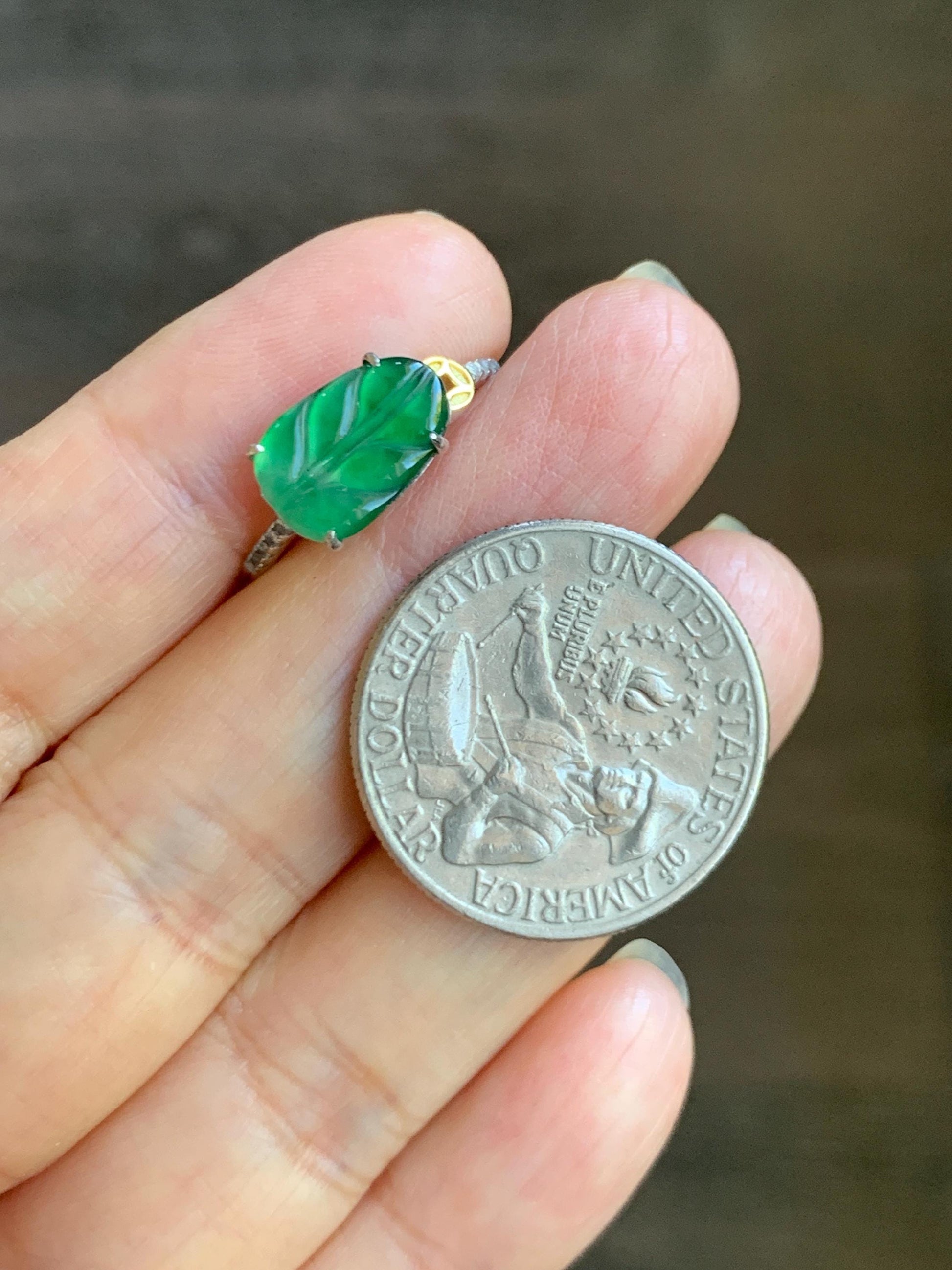 Natural Grade A Guatemalan Icy Highly Translucent Green Jade Jadeite Leaf Ring Sterling Silver Size Adjustable 天然冰危绿翡翠大叶有成银镶戒指 LDY85