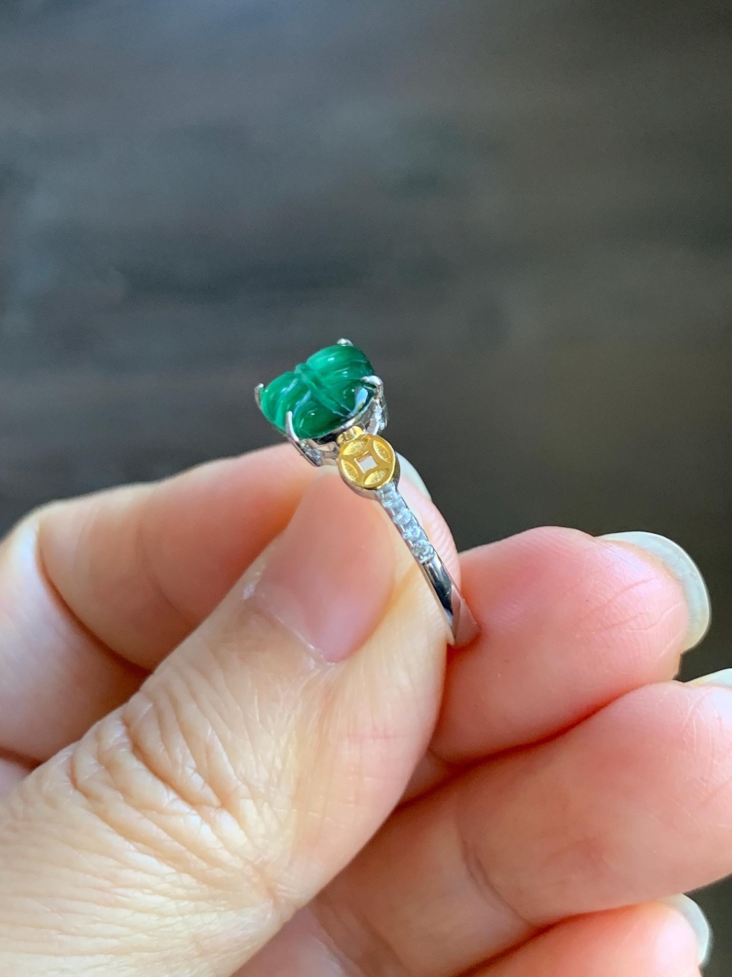 Natural Grade A Guatemalan Icy Highly Translucent Green Jade Jadeite Leaf Ring Sterling Silver Size Adjustable 天然冰危绿翡翠大叶有成银镶戒指 LDY85