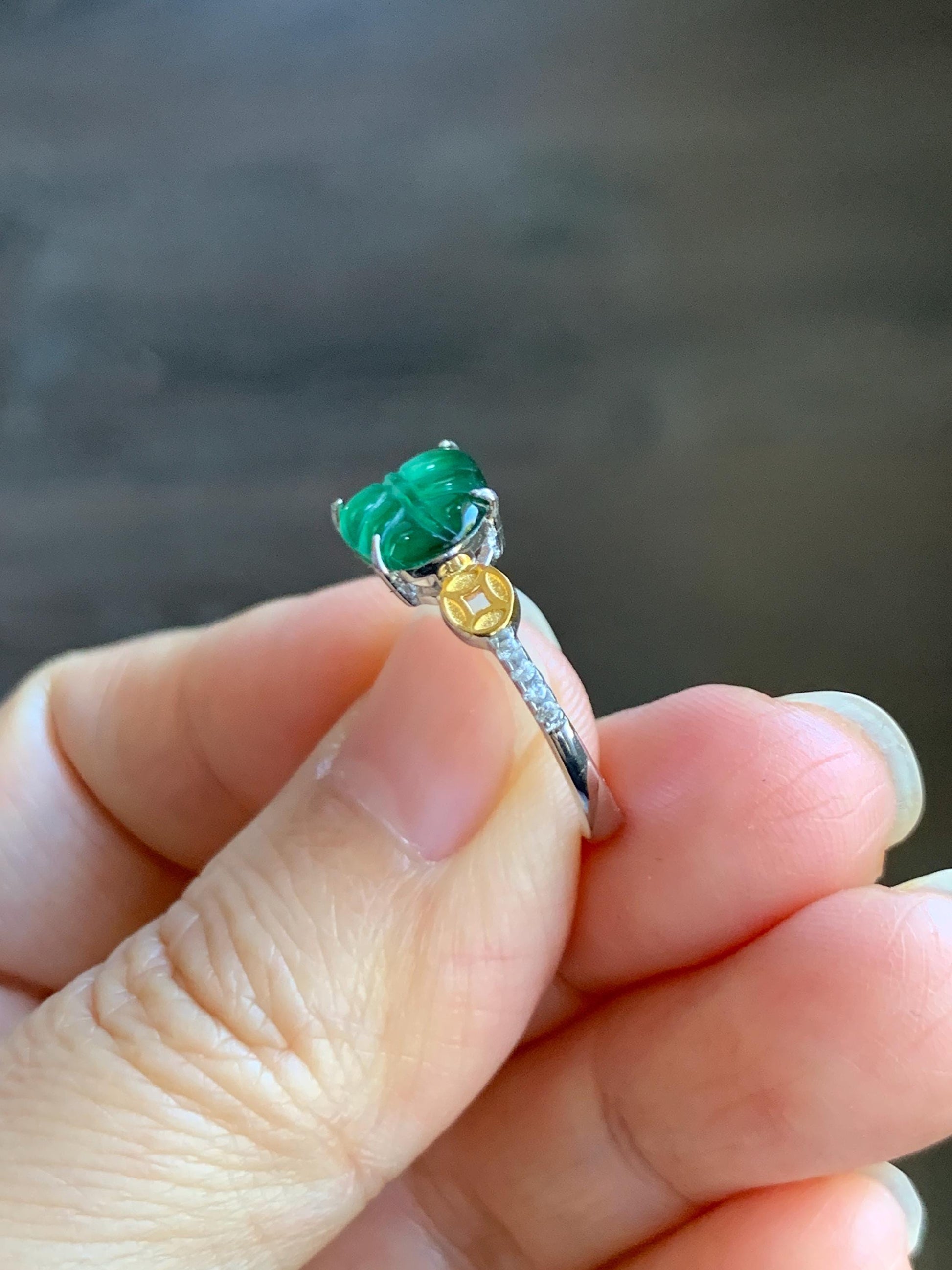 Natural Grade A Guatemalan Icy Highly Translucent Green Jade Jadeite Leaf Ring Sterling Silver Size Adjustable 天然冰危绿翡翠大叶有成银镶戒指 LDY85