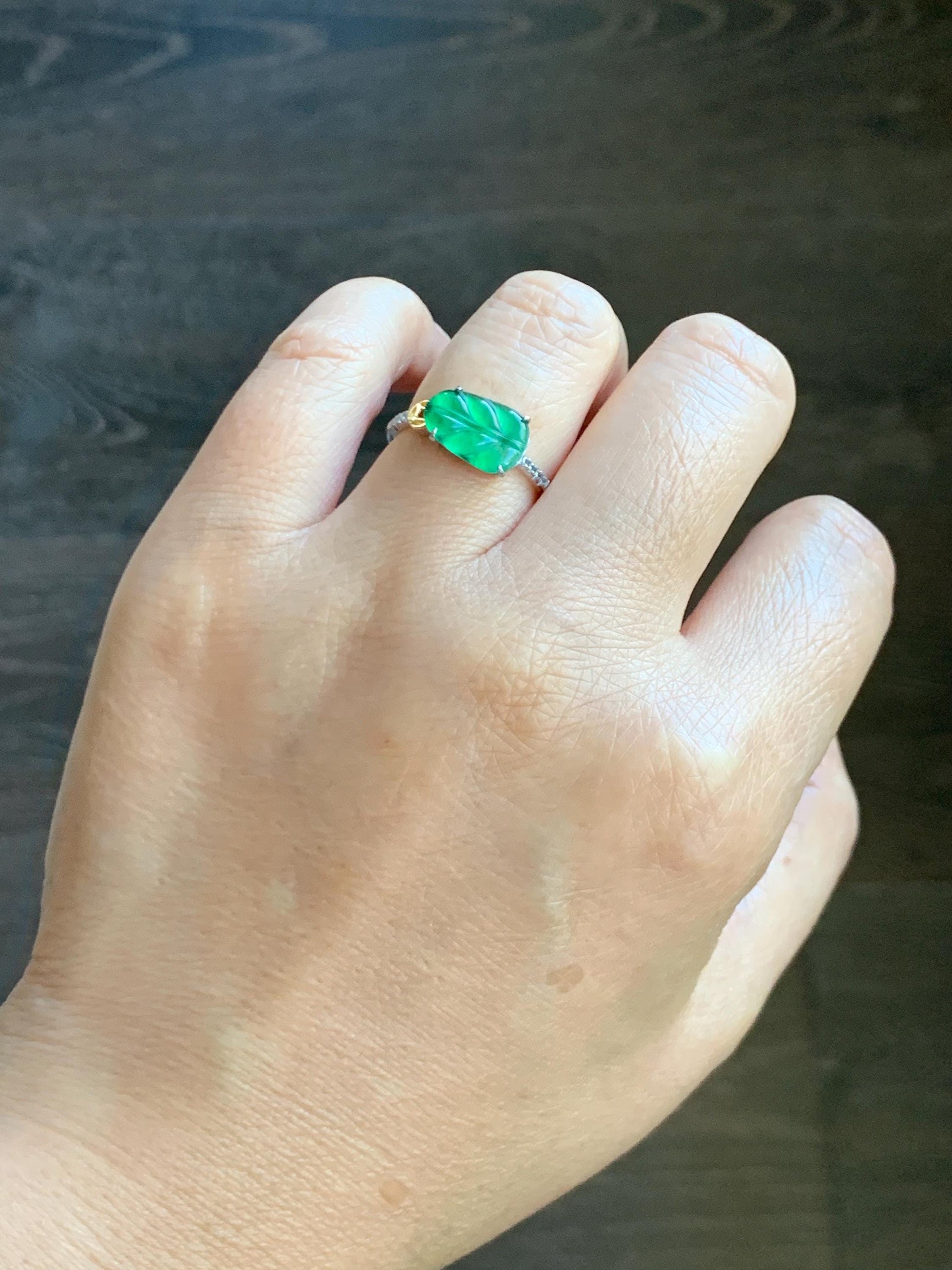 Natural Grade A Guatemalan Icy Highly Translucent Green Jade Jadeite Leaf Ring Sterling Silver Size Adjustable 天然冰危绿翡翠大叶有成银镶戒指 LDY85