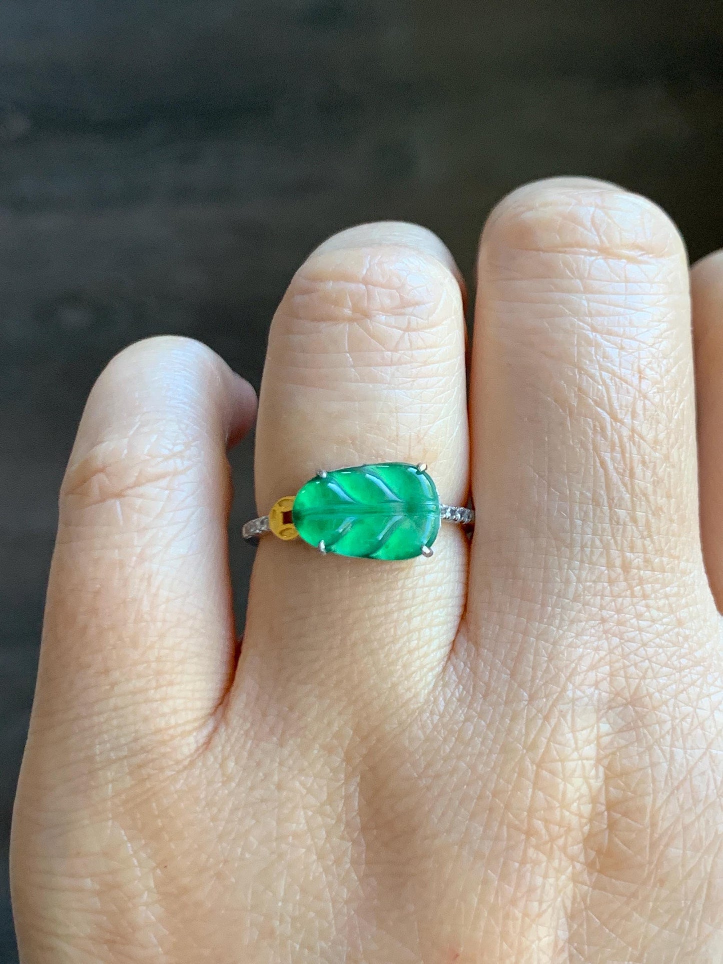 Natural Grade A Guatemalan Icy Highly Translucent Green Jade Jadeite Leaf Ring Sterling Silver Size Adjustable 天然冰危绿翡翠大叶有成银镶戒指 LDY85