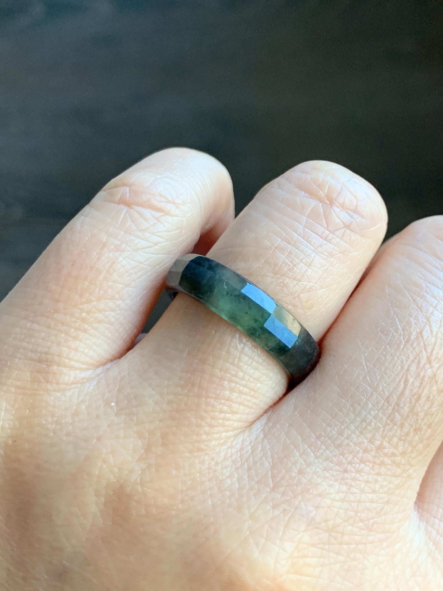 Natural Grade A Guatemalan Icy Highly Translucent Wuji Green Marbled Jade Jadeite Faceted Band Ring Size 8.25 US 天然冰危乌鸡飘绿翡翠切割面戒圈 WWJ220A