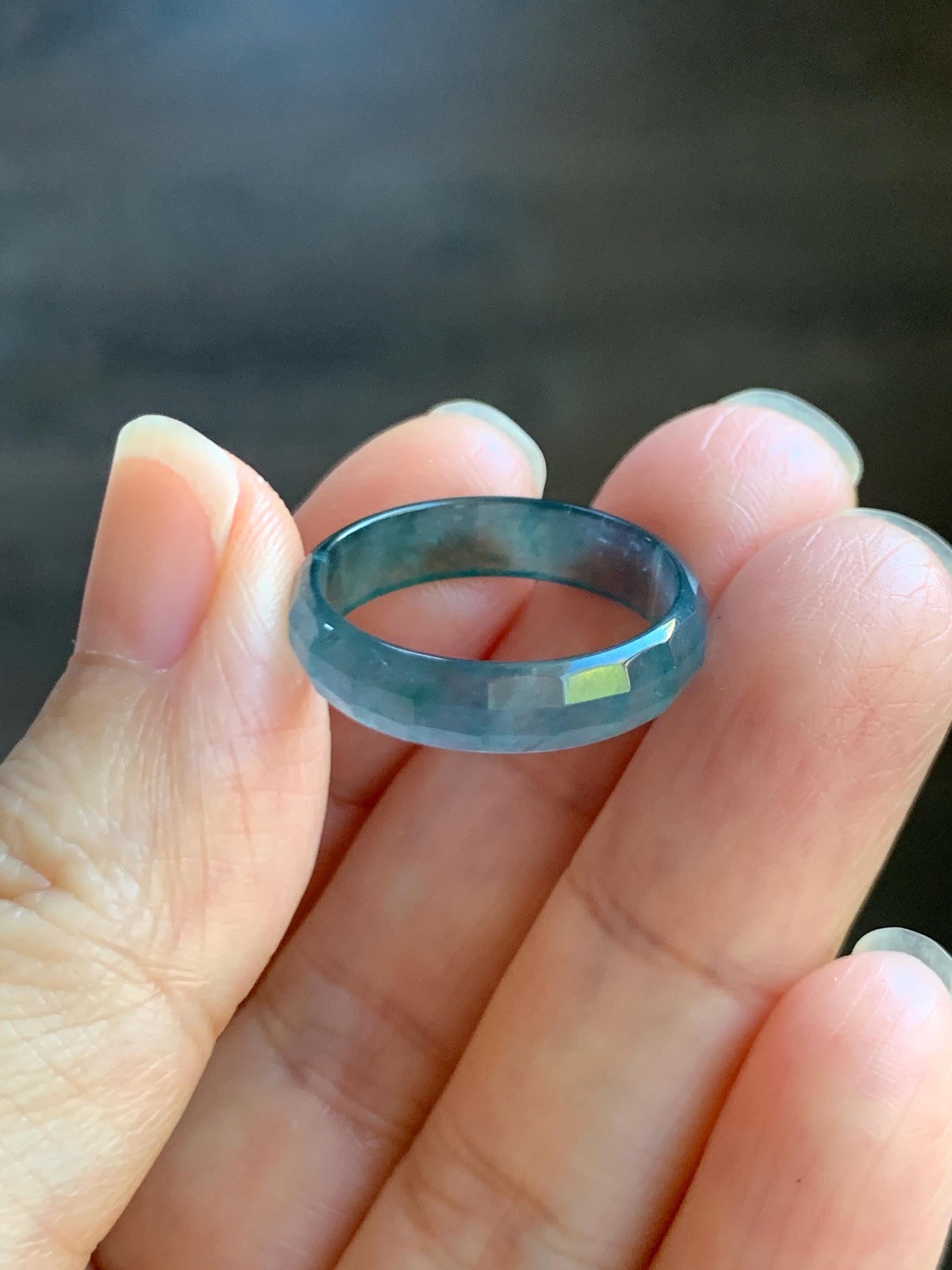 Natural Grade A Guatemalan Icy Highly Translucent Teal Blue Green Marbled Jade Jadeite Faceted Band Ring Size 7.75 US 天然冰危蓝飘花翡翠切割面戒圈 WLQ220A