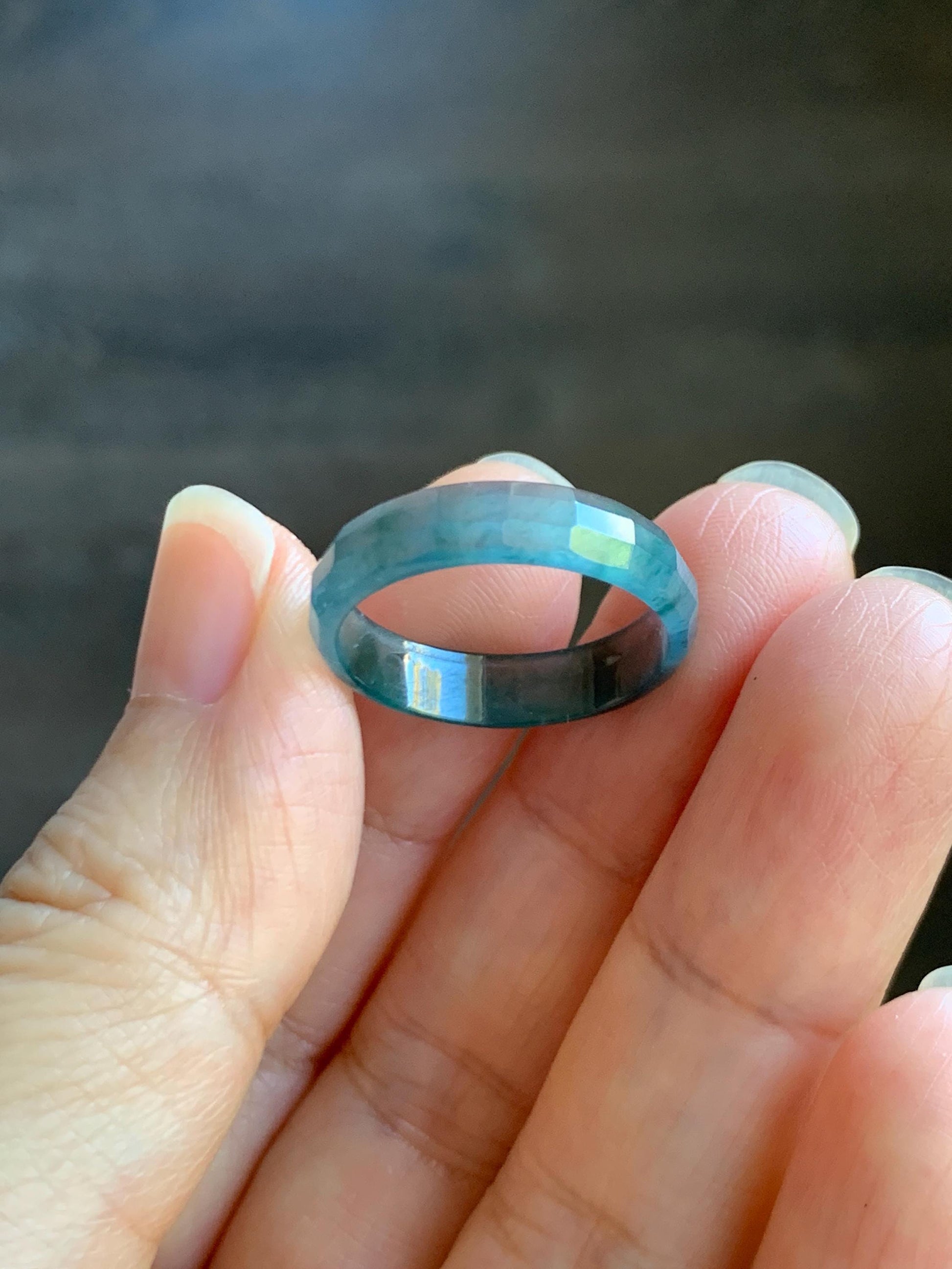 Natural Grade A Guatemalan Icy Highly Translucent Teal Blue Green Marbled Jade Jadeite Faceted Band Ring Size 7.75 US 天然冰危蓝飘花翡翠切割面戒圈 WLQ220A
