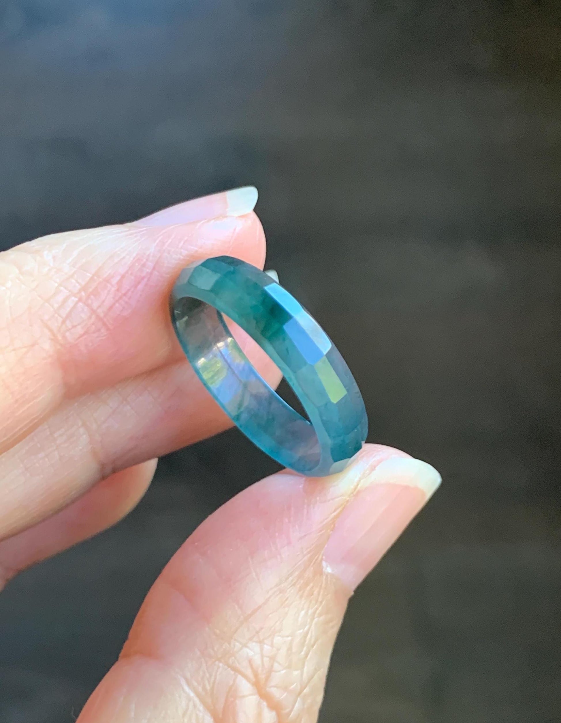 Natural Grade A Guatemalan Icy Highly Translucent Teal Blue Green Marbled Jade Jadeite Faceted Band Ring Size 7.75 US 天然冰危蓝飘花翡翠切割面戒圈 WLQ220A