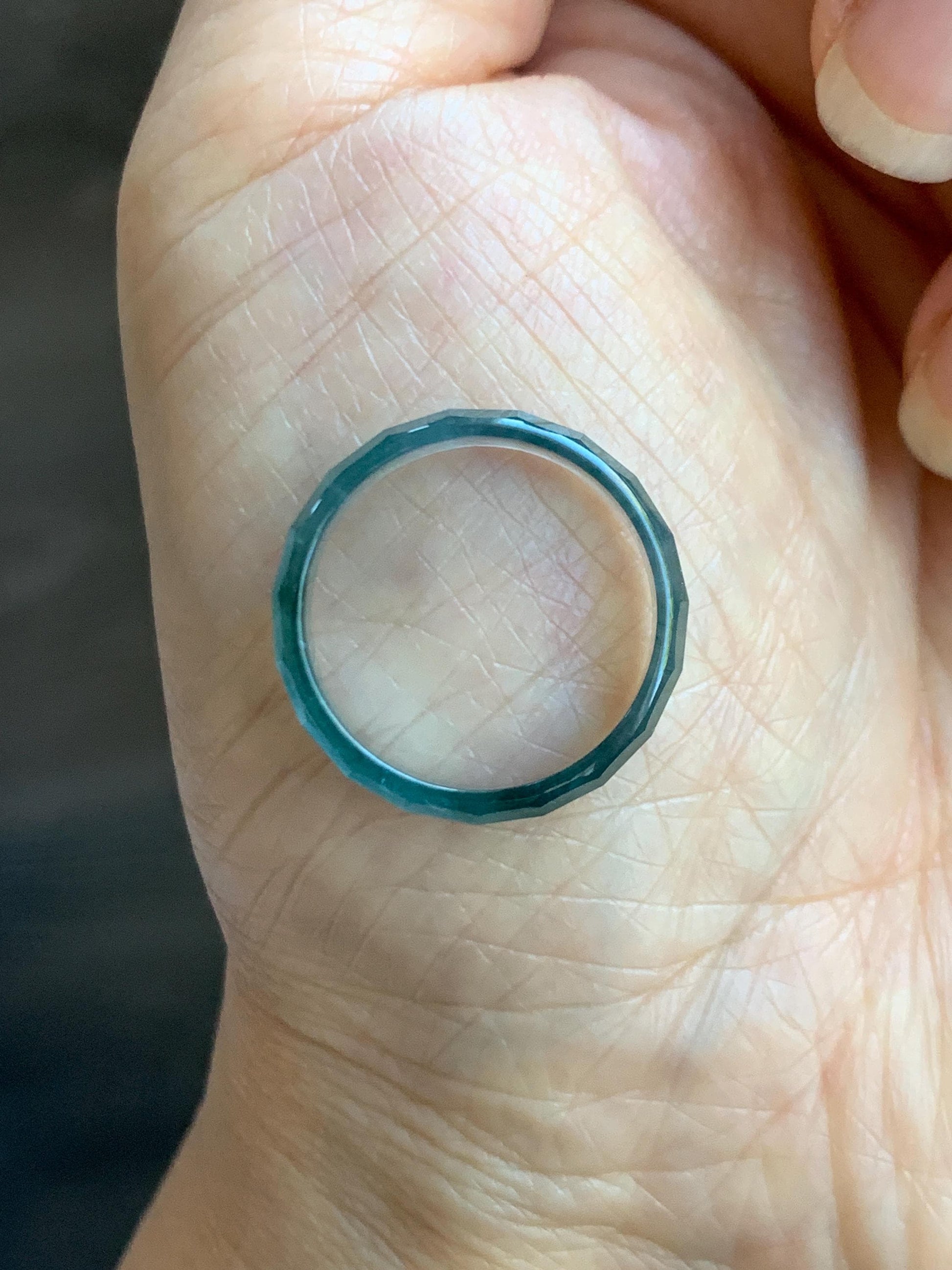 Natural Grade A Guatemalan Icy Highly Translucent Teal Blue Green Marbled Jade Jadeite Faceted Band Ring Size 7.75 US 天然冰危蓝飘花翡翠切割面戒圈 WLQ220B