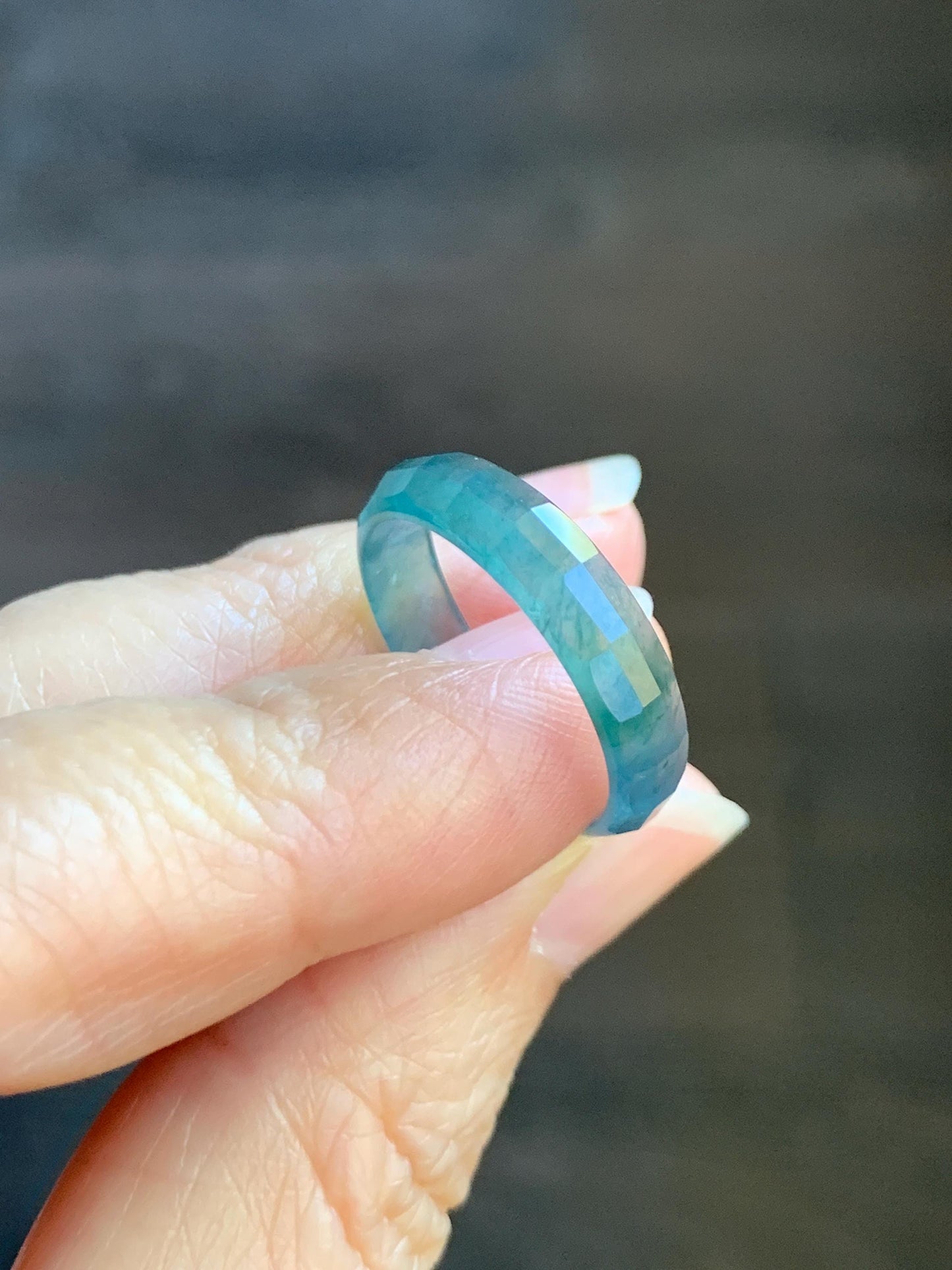 Natural Grade A Guatemalan Icy Highly Translucent Teal Blue Green Marbled Jade Jadeite Faceted Band Ring Size 7.75 US 天然冰危蓝飘花翡翠切割面戒圈 WLQ220B