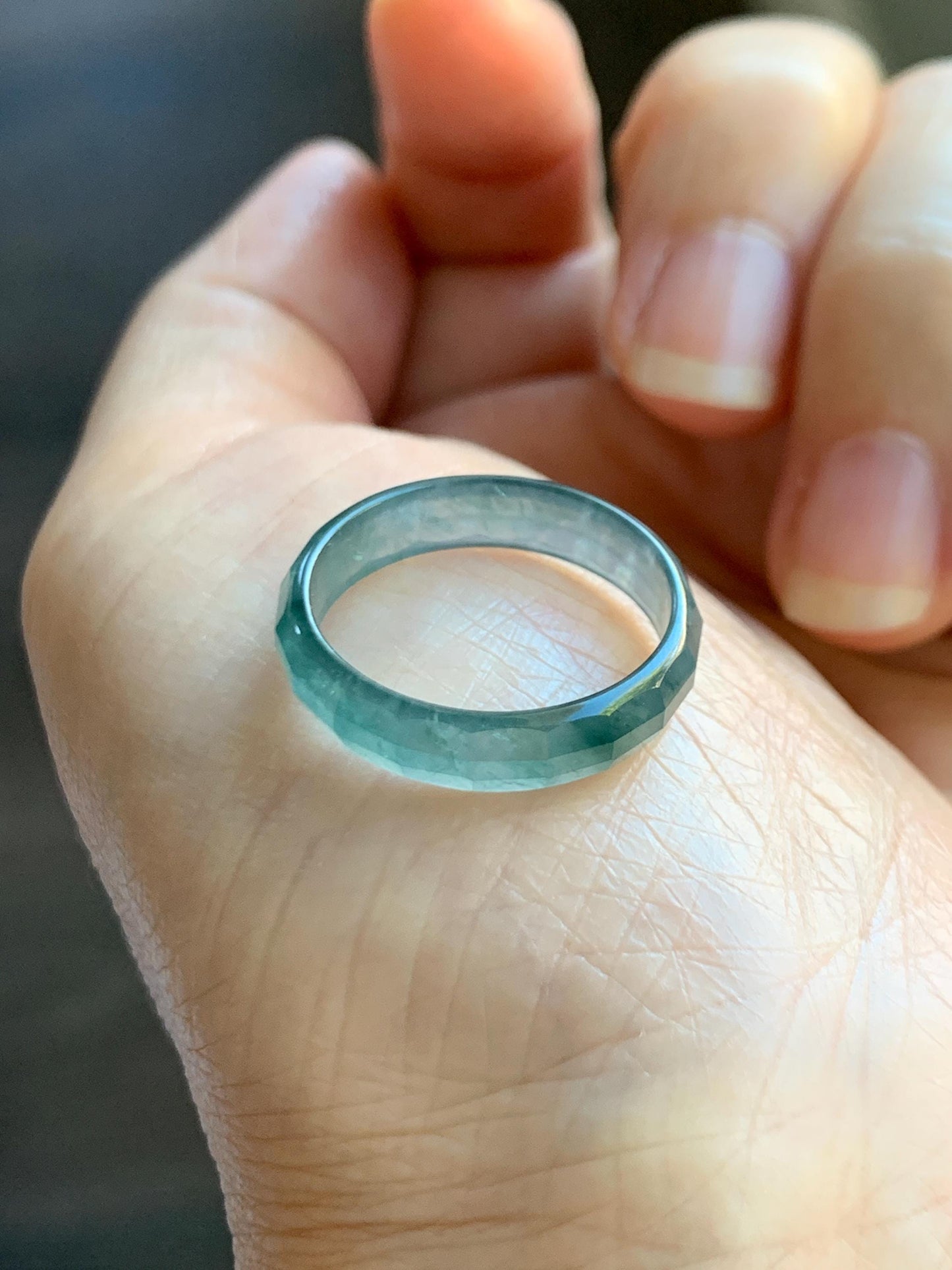 Natural Grade A Guatemalan Icy Highly Translucent Teal Blue Green Marbled Jade Jadeite Faceted Band Ring Size 7.75 US 天然冰危蓝飘花翡翠切割面戒圈 WLQ220B