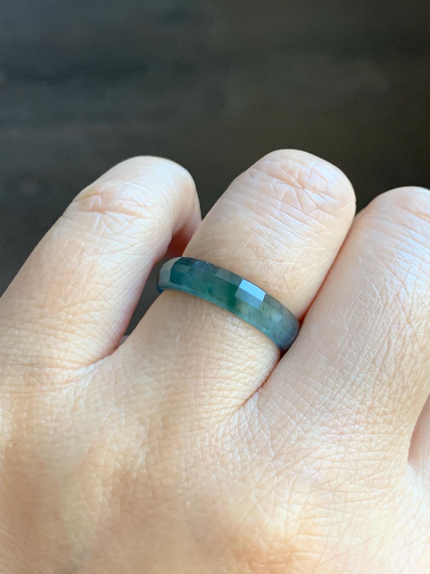 Natural Grade A Guatemalan Icy Highly Translucent Teal Blue Green Marbled Jade Jadeite Faceted Band Ring Size 7.75 US 天然冰危蓝飘花翡翠切割面戒圈 WLQ220B