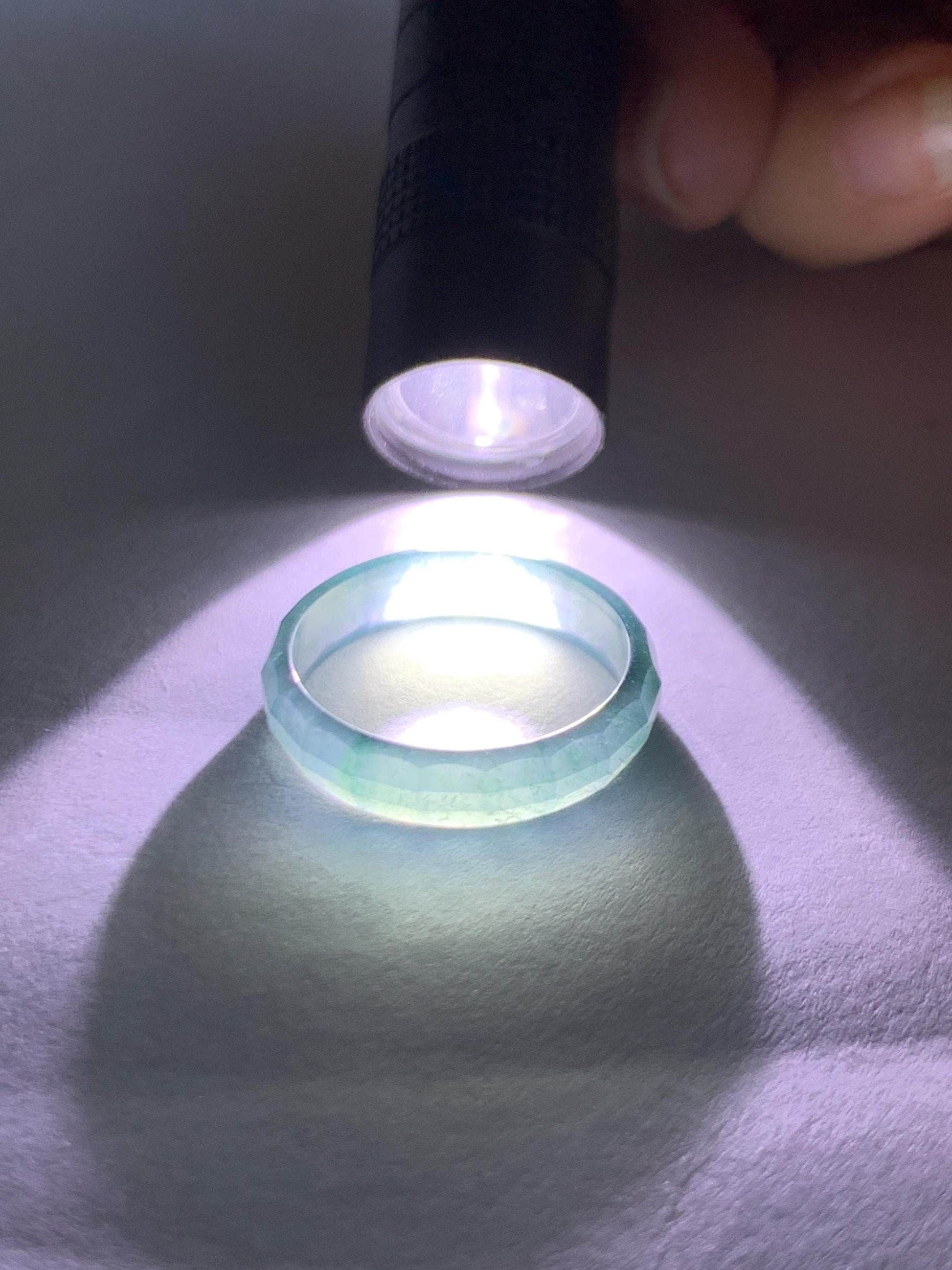 Natural Grade A Guatemalan Icy Highly Translucent Teal Blue Green Marbled Jade Jadeite Faceted Band Ring Size 7.75 US 天然冰危蓝飘花翡翠切割面戒圈 WLQ220B