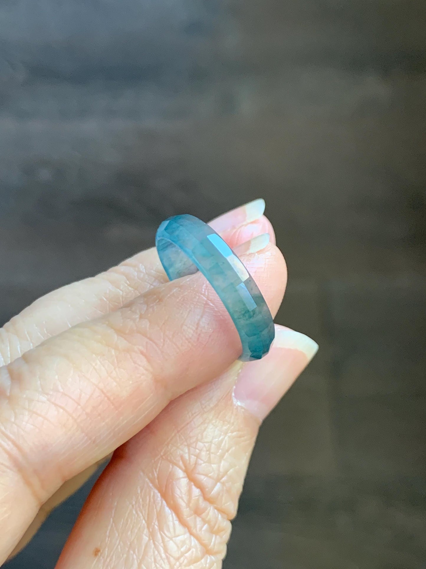 Natural Grade A Guatemalan Icy Highly Translucent Teal Blue Green Marbled Jade Jadeite Faceted Band Ring Size 7.75 US 天然冰危蓝飘花翡翠切割面戒圈 WLQ220B