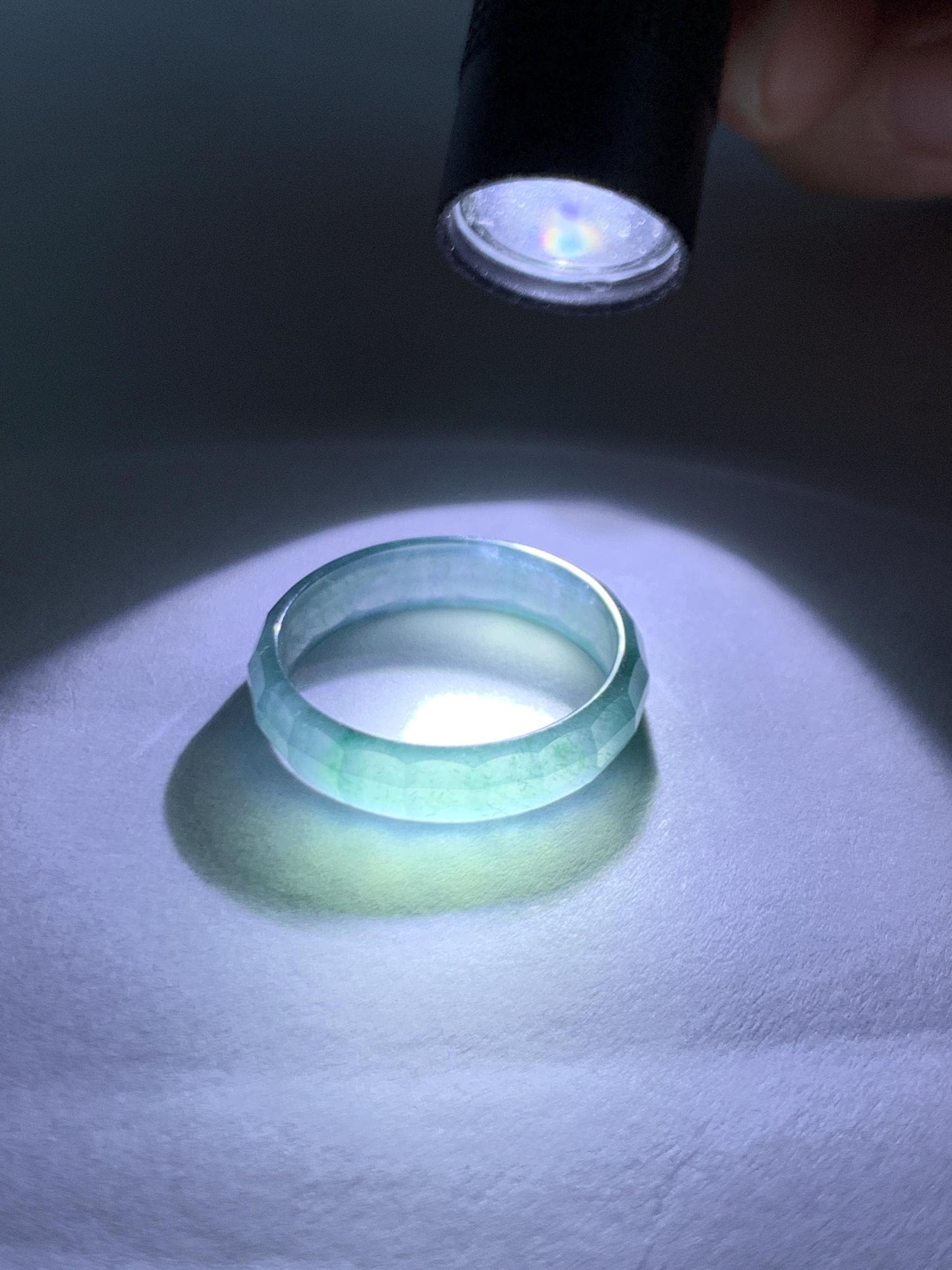 Natural Grade A Guatemalan Icy Highly Translucent Teal Blue Green Marbled Jade Jadeite Faceted Band Ring Size 7.75 US 天然冰危蓝飘花翡翠切割面戒圈 WLQ220B