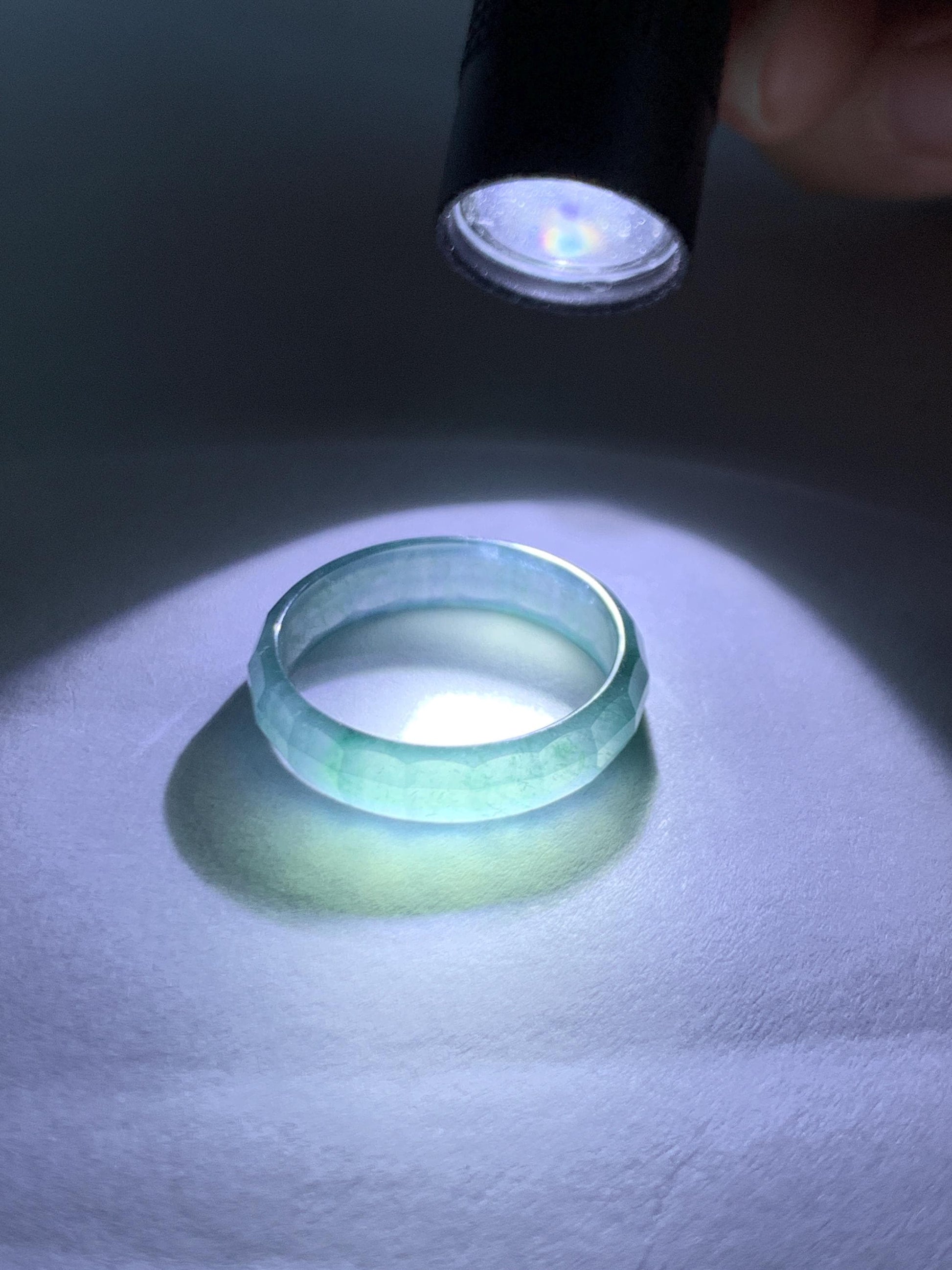 Natural Grade A Guatemalan Icy Highly Translucent Teal Blue Green Marbled Jade Jadeite Faceted Band Ring Size 7.75 US 天然冰危蓝飘花翡翠切割面戒圈 WLQ220B