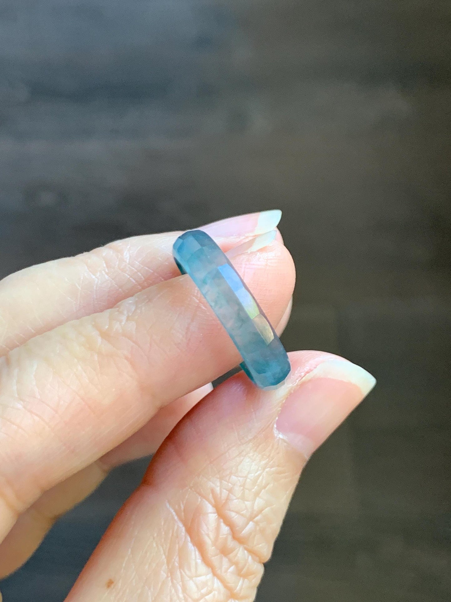 Natural Grade A Guatemalan Icy Highly Translucent Teal Blue Green Marbled Jade Jadeite Faceted Band Ring Size 7.75 US 天然冰危蓝飘花翡翠切割面戒圈 WLQ220B