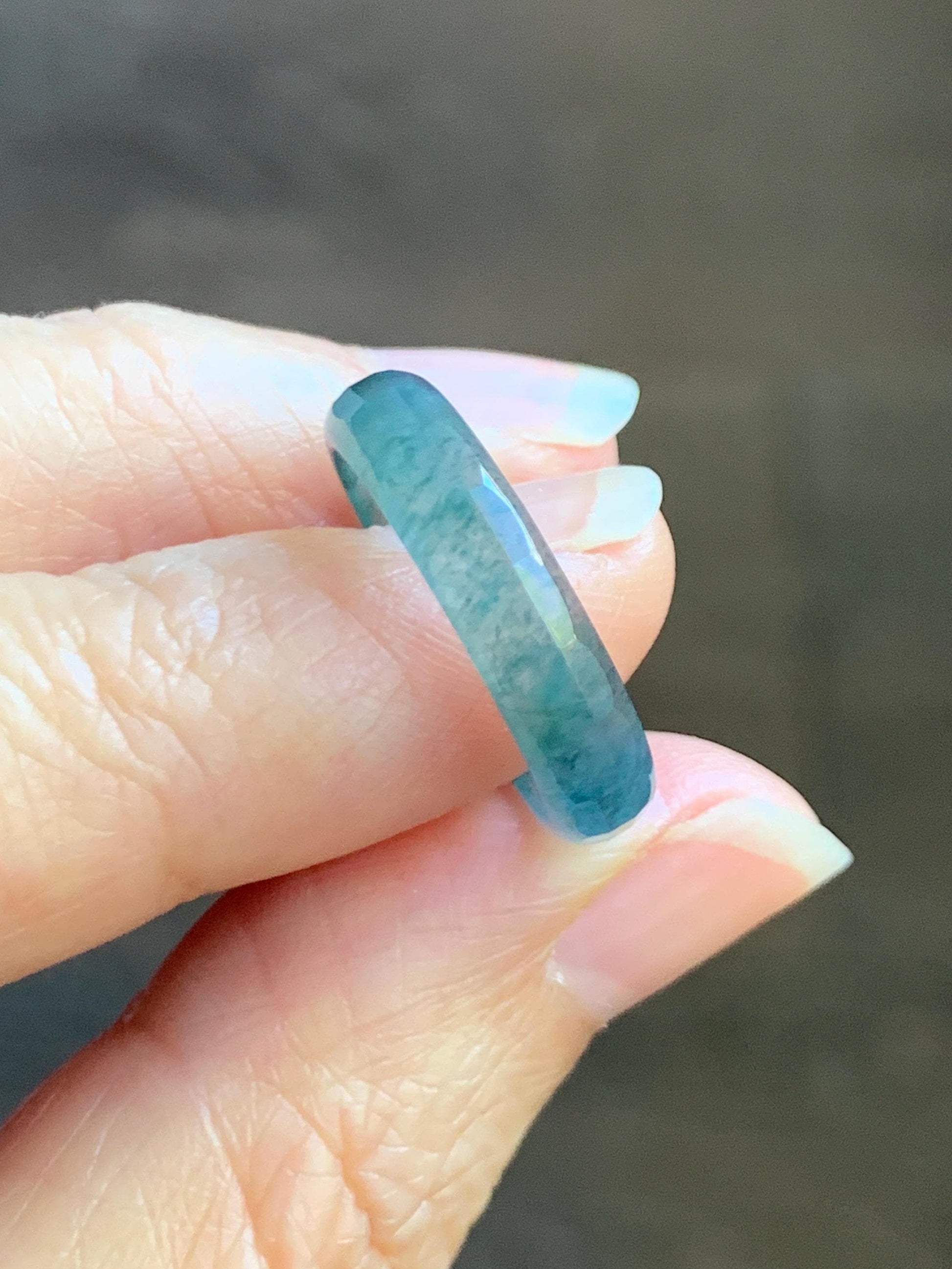 Natural Grade A Guatemalan Icy Highly Translucent Teal Blue Green Marbled Jade Jadeite Faceted Band Ring Size 6.5 US 天然冰危蓝飘花翡翠切割面戒圈 WLQ220C