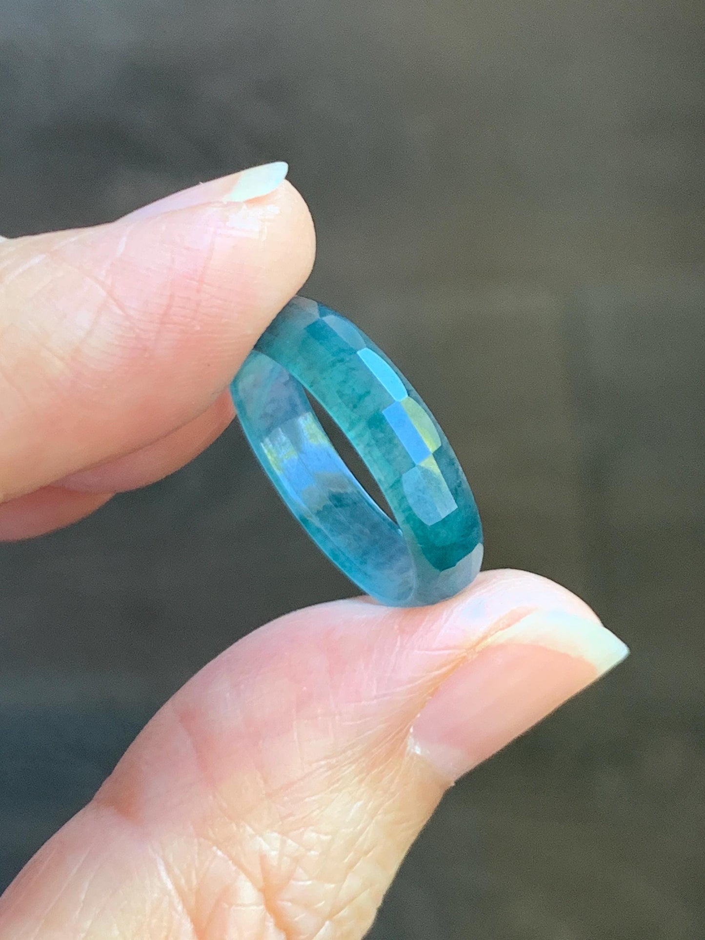 Natural Grade A Guatemalan Icy Highly Translucent Teal Blue Green Marbled Jade Jadeite Faceted Band Ring Size 6.5 US 天然冰危蓝飘花翡翠切割面戒圈 WLQ220C