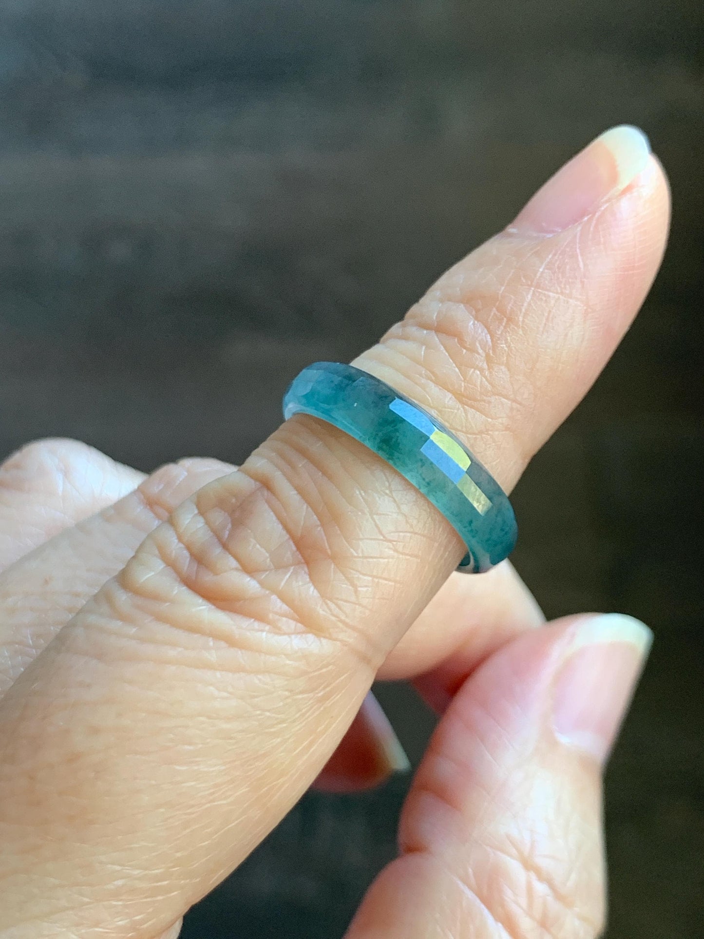 Natural Grade A Guatemalan Icy Highly Translucent Teal Blue Green Marbled Jade Jadeite Faceted Band Ring Size 6.5 US 天然冰危蓝飘花翡翠切割面戒圈 WLQ220C